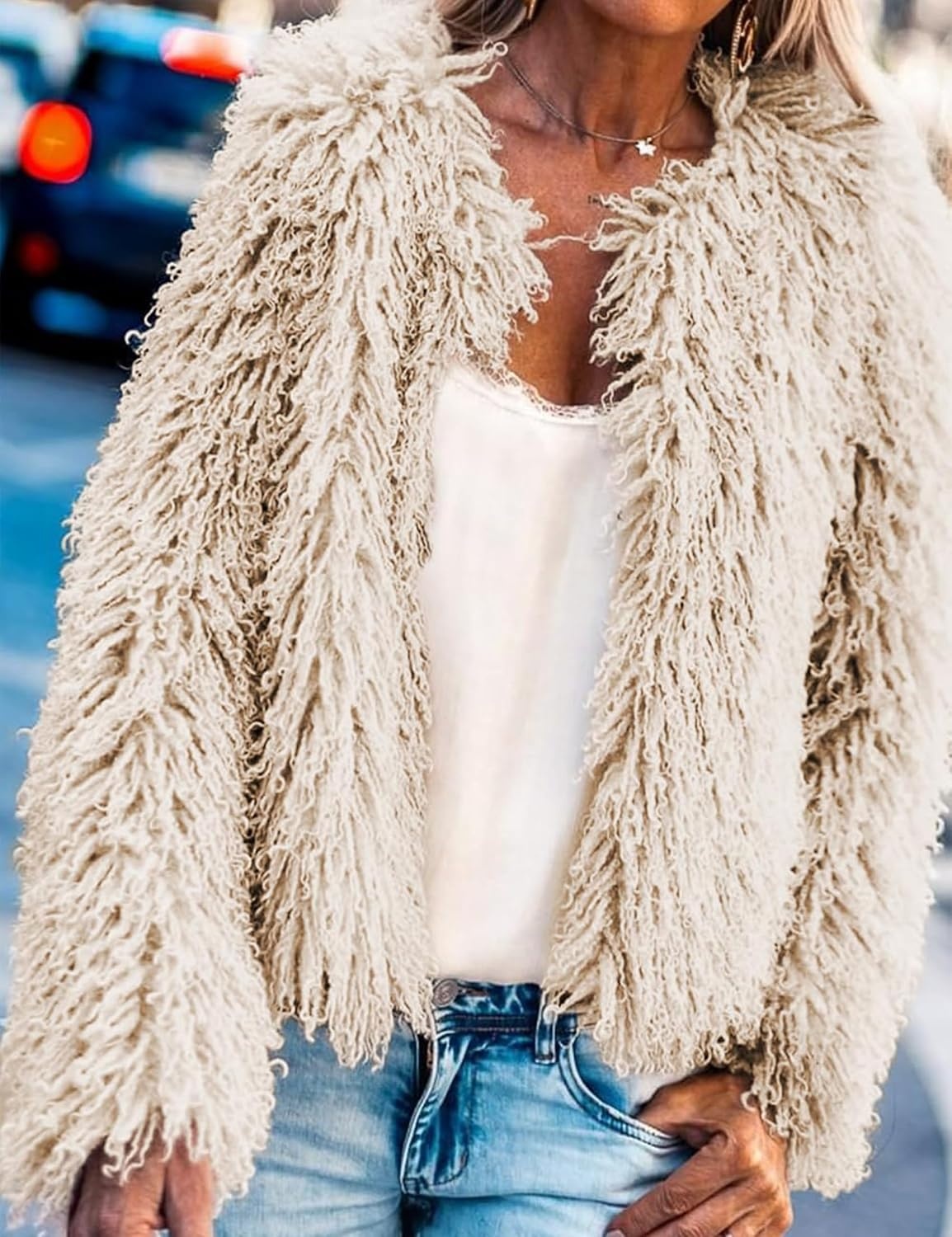 image:imageAoang Womens Faux Fur Jacket Cropped Fleece Warm Outerwear Winter CoatApricot