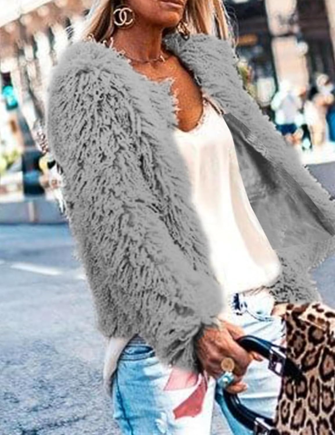 image:imageAoang Womens Faux Fur Jacket Cropped Fleece Warm Outerwear Winter CoatGrey