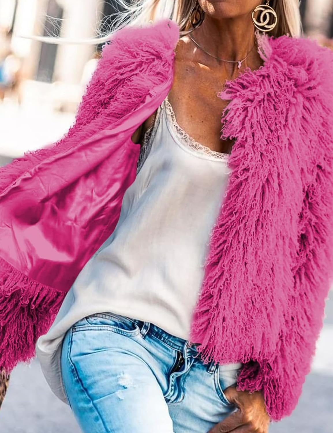 image:imageAoang Womens Faux Fur Jacket Cropped Fleece Warm Outerwear Winter CoatHot Pink