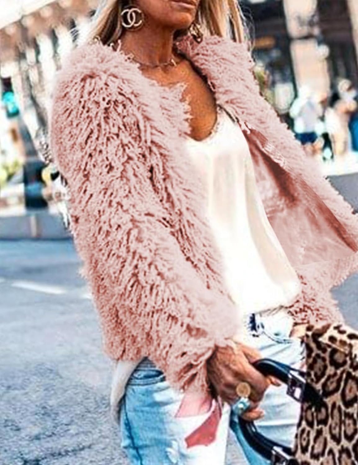 image:imageAoang Womens Faux Fur Jacket Cropped Fleece Warm Outerwear Winter CoatPink