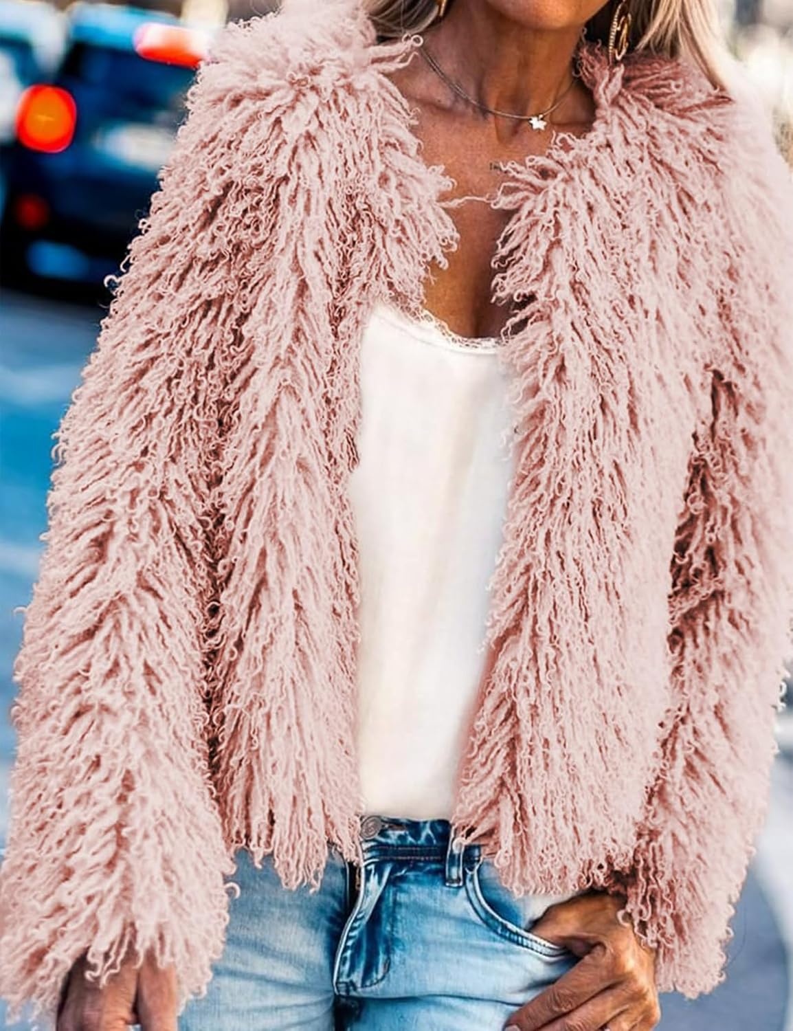 image:imageAoang Womens Faux Fur Jacket Cropped Fleece Warm Outerwear Winter CoatPink