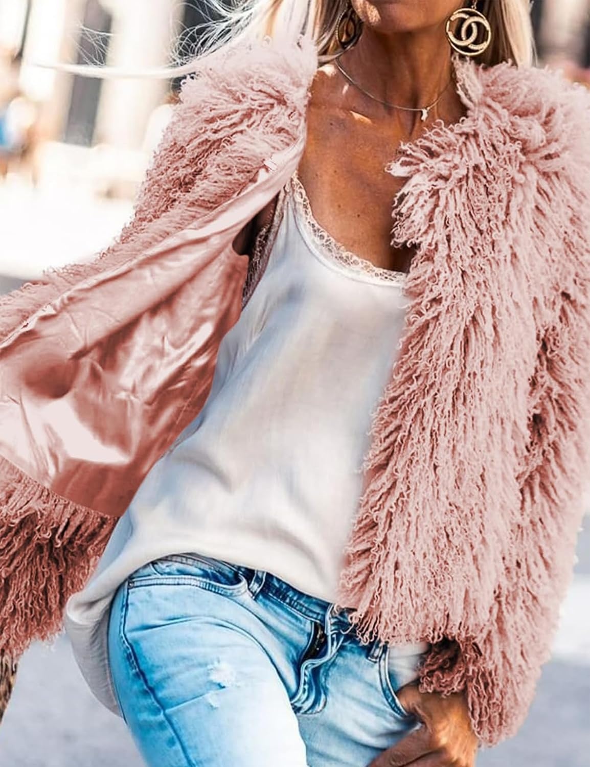 image:imageAoang Womens Faux Fur Jacket Cropped Fleece Warm Outerwear Winter CoatPink