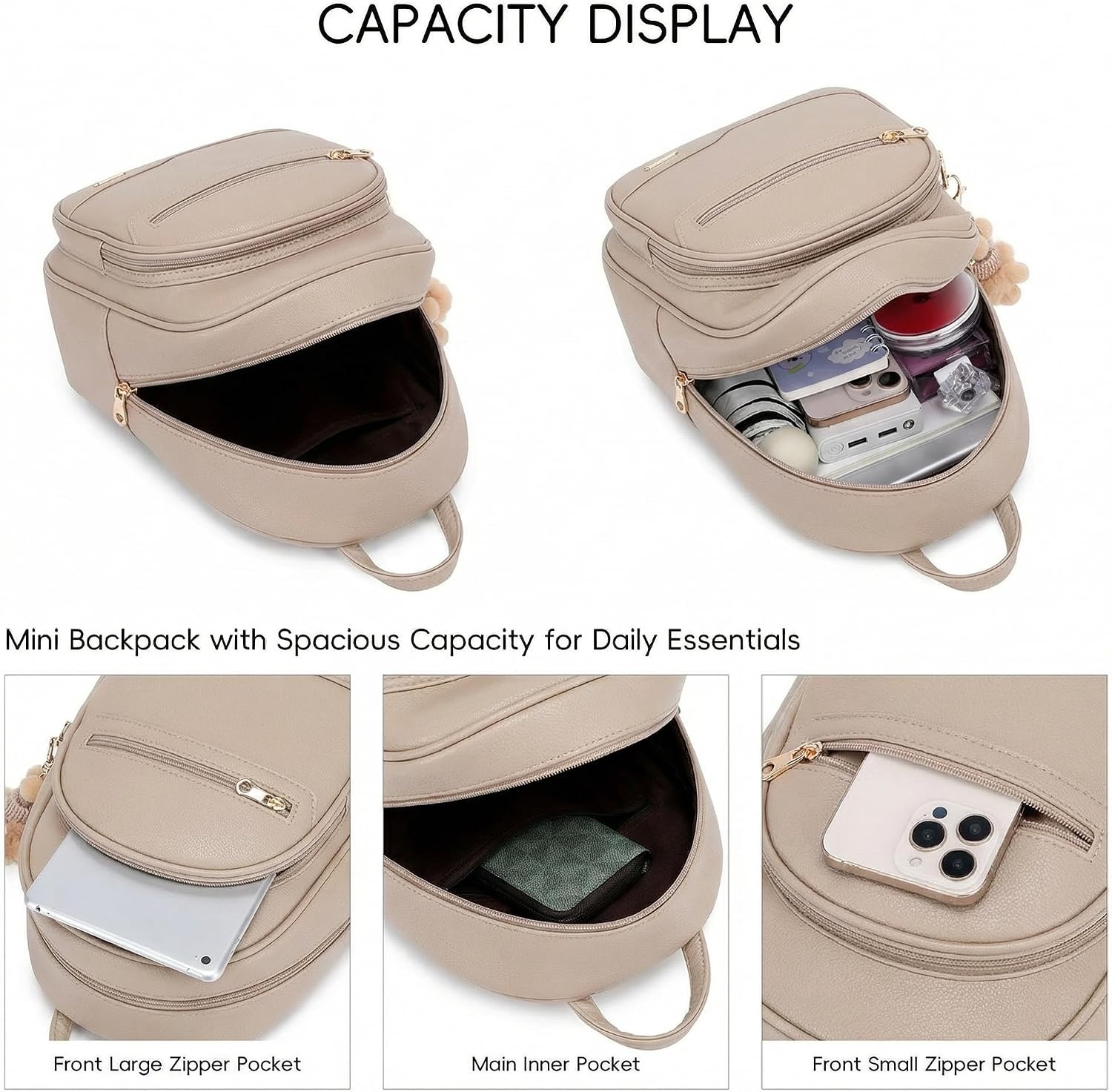 image:imageBAGOK Mini Leather Backpack Purse for Women Small Backpack Purse with Cartoon Charm Cute Fashion Bag for GirlsAbeige