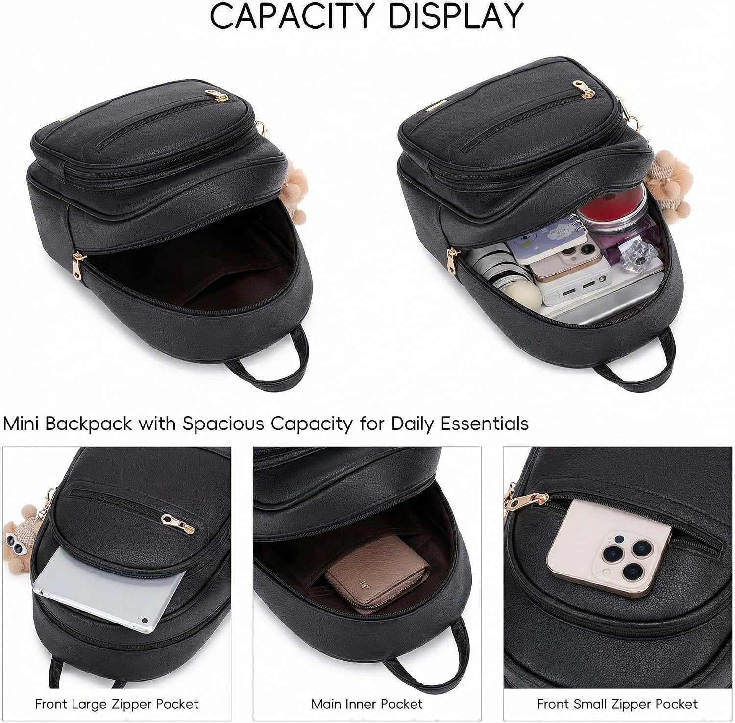 image:imageBAGOK Mini Leather Backpack Purse for Women Small Backpack Purse with Cartoon Charm Cute Fashion Bag for GirlsAblack
