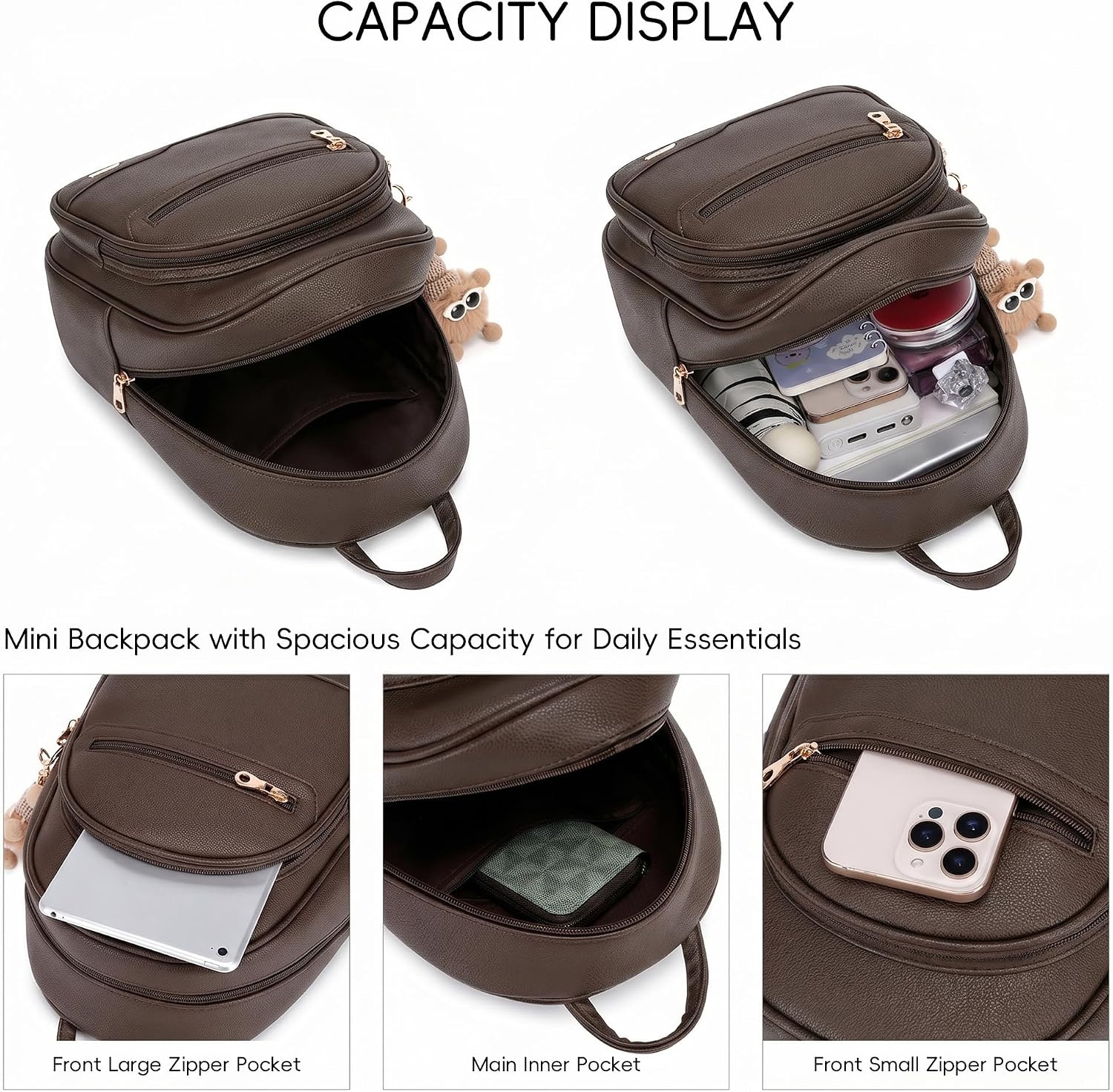 image:imageBAGOK Mini Leather Backpack Purse for Women Small Backpack Purse with Cartoon Charm Cute Fashion Bag for GirlsAcoffee