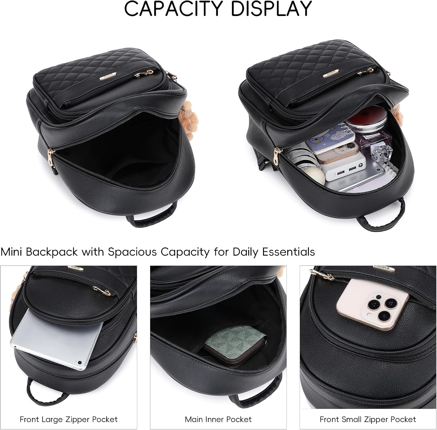image:imageBAGOK Mini Leather Backpack Purse for Women Small Backpack Purse with Cartoon Charm Cute Fashion Bag for GirlsBblack
