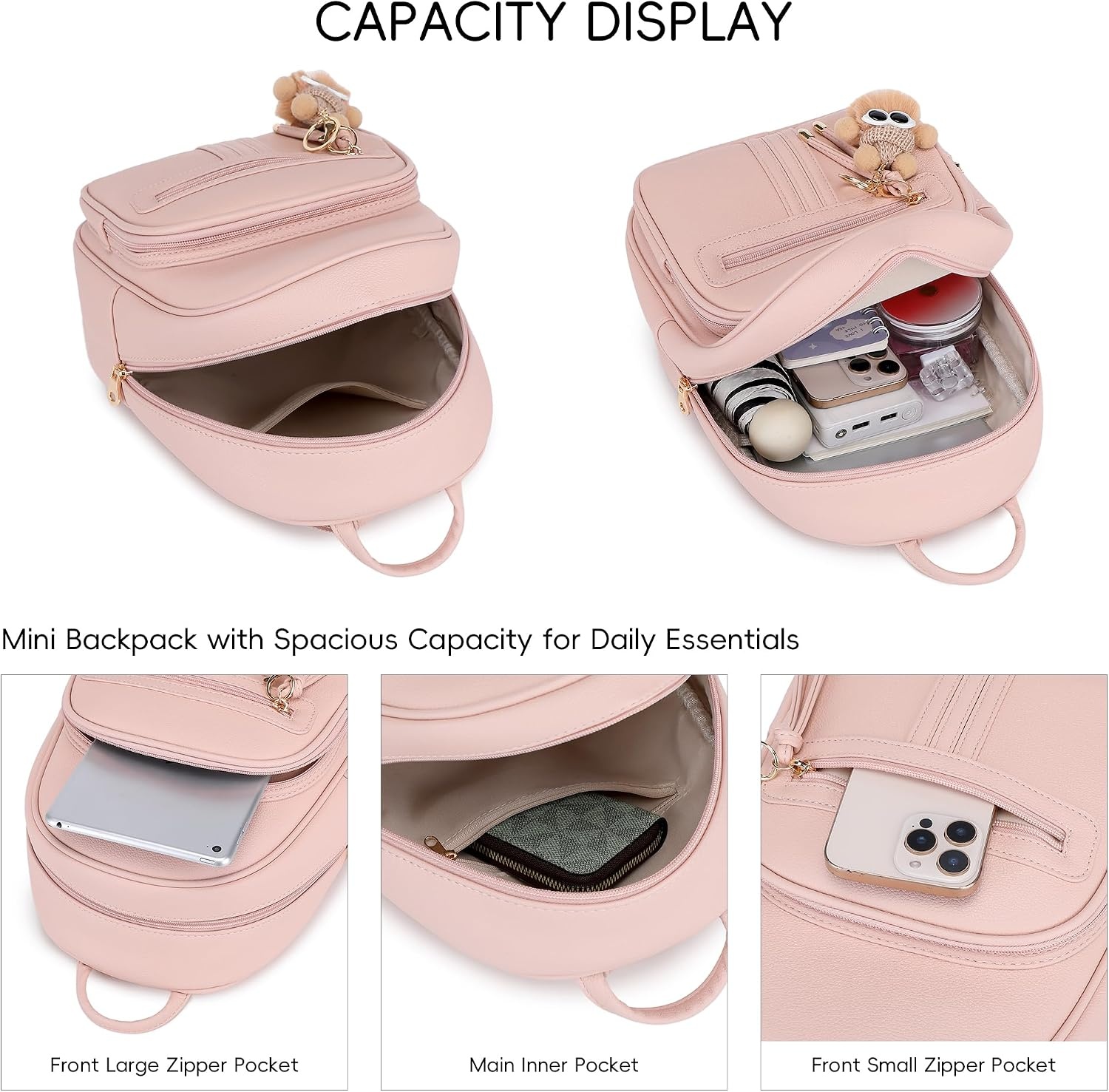 image:imageBAGOK Mini Leather Backpack Purse for Women Small Backpack Purse with Cartoon Charm Cute Fashion Bag for GirlsBpink