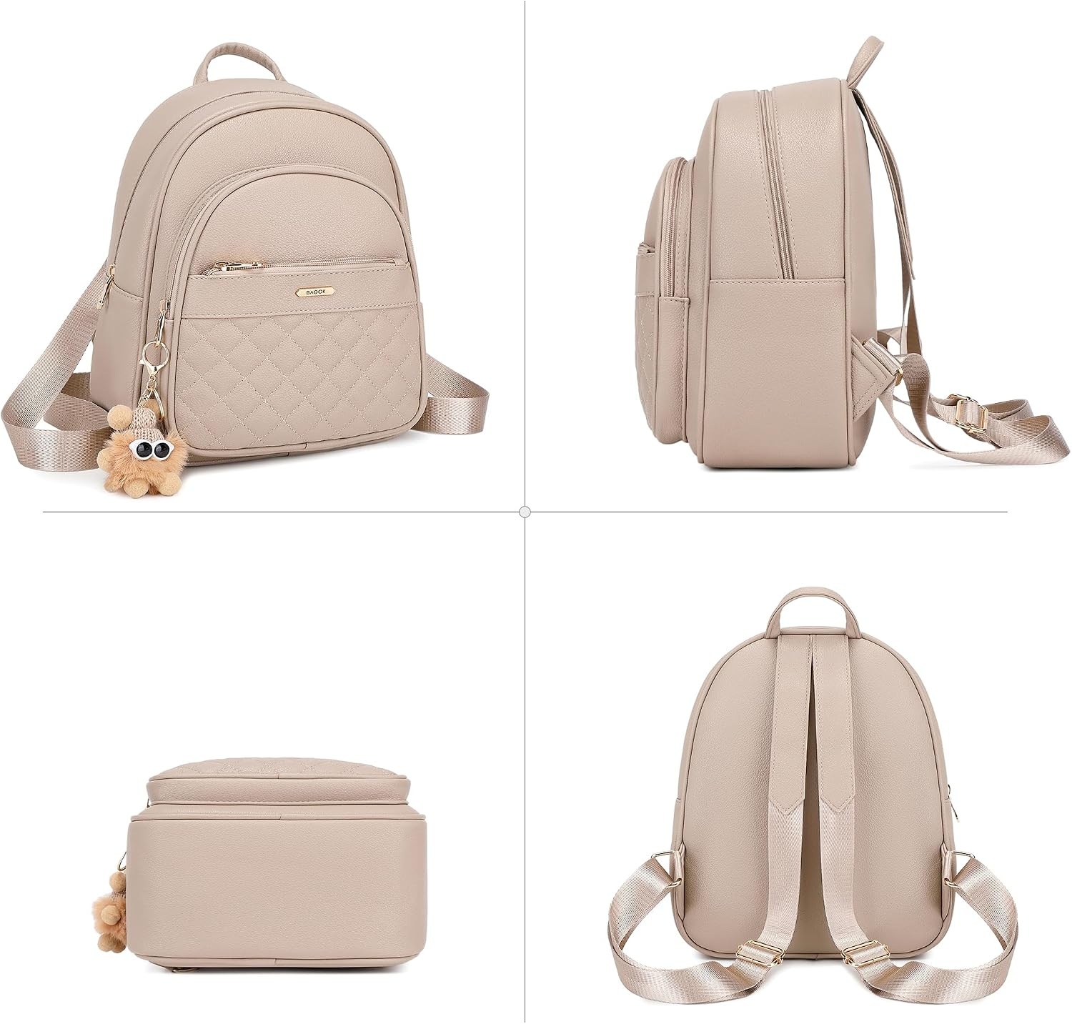 image:imageBAGOK Mini Leather Backpack Purse for Women Small Backpack Purse with Cartoon Charm Cute Fashion Bag for GirlsCbeige