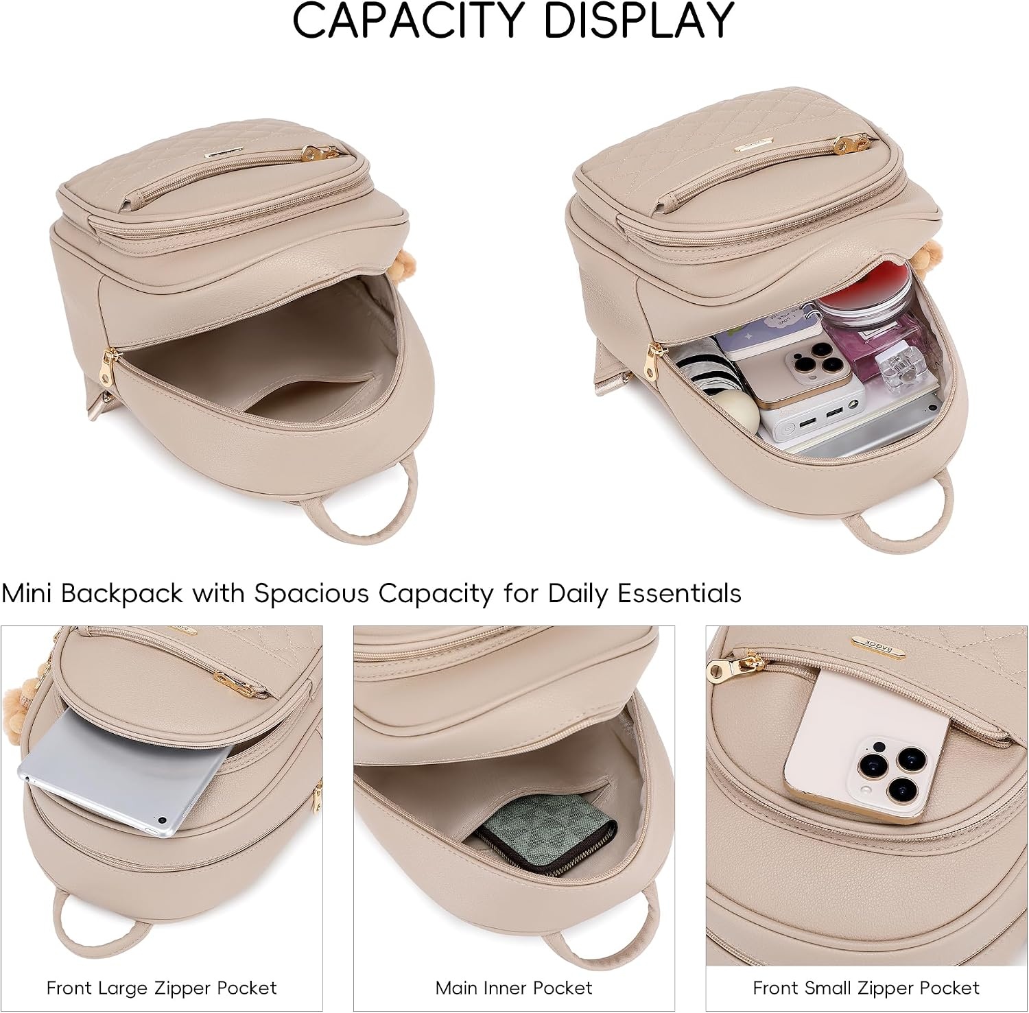 image:imageBAGOK Mini Leather Backpack Purse for Women Small Backpack Purse with Cartoon Charm Cute Fashion Bag for GirlsCbeige