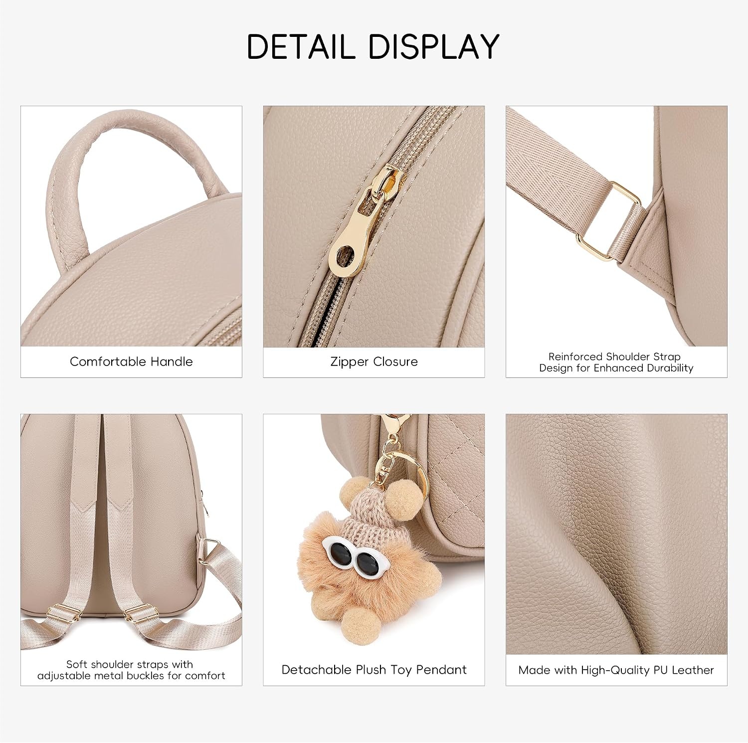 image:imageBAGOK Mini Leather Backpack Purse for Women Small Backpack Purse with Cartoon Charm Cute Fashion Bag for GirlsCbeige