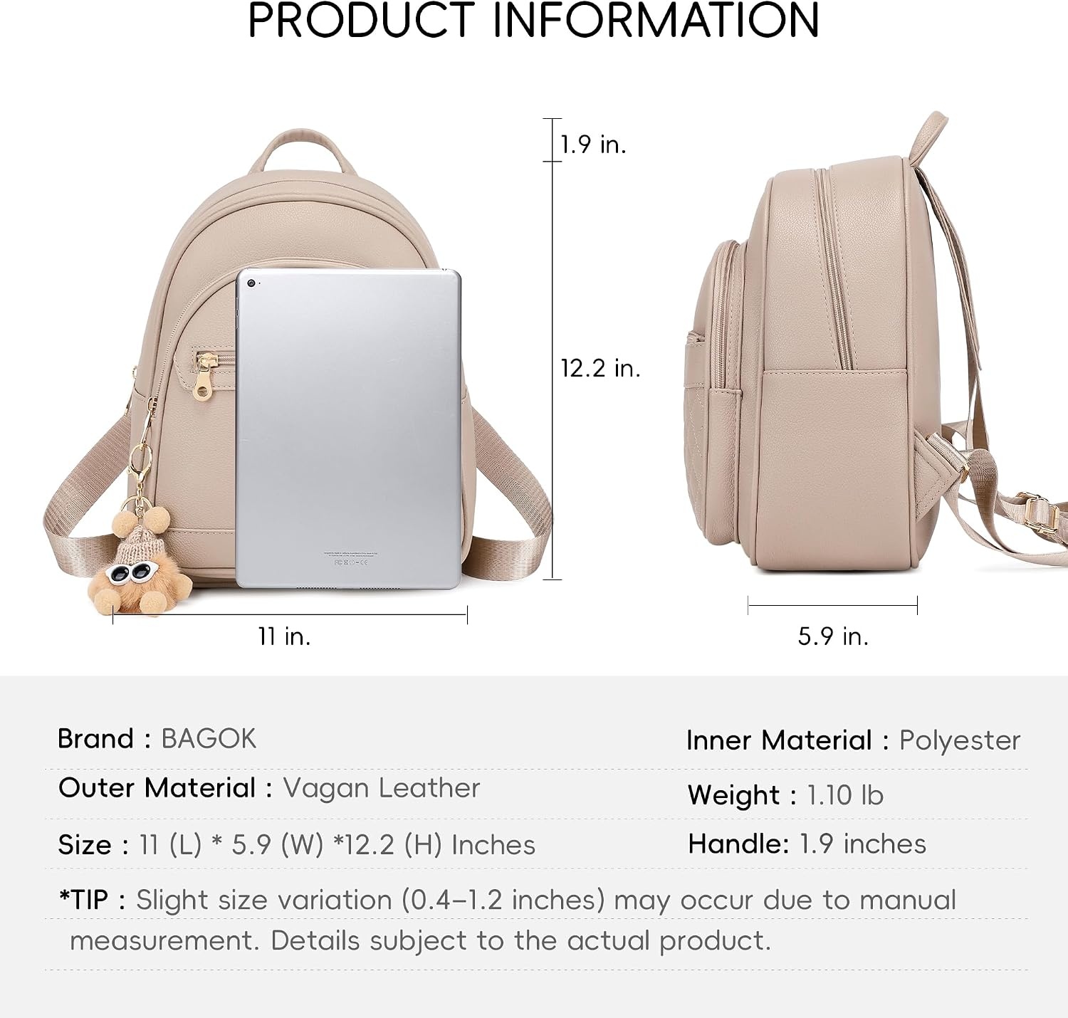 image:imageBAGOK Mini Leather Backpack Purse for Women Small Backpack Purse with Cartoon Charm Cute Fashion Bag for GirlsCbeige