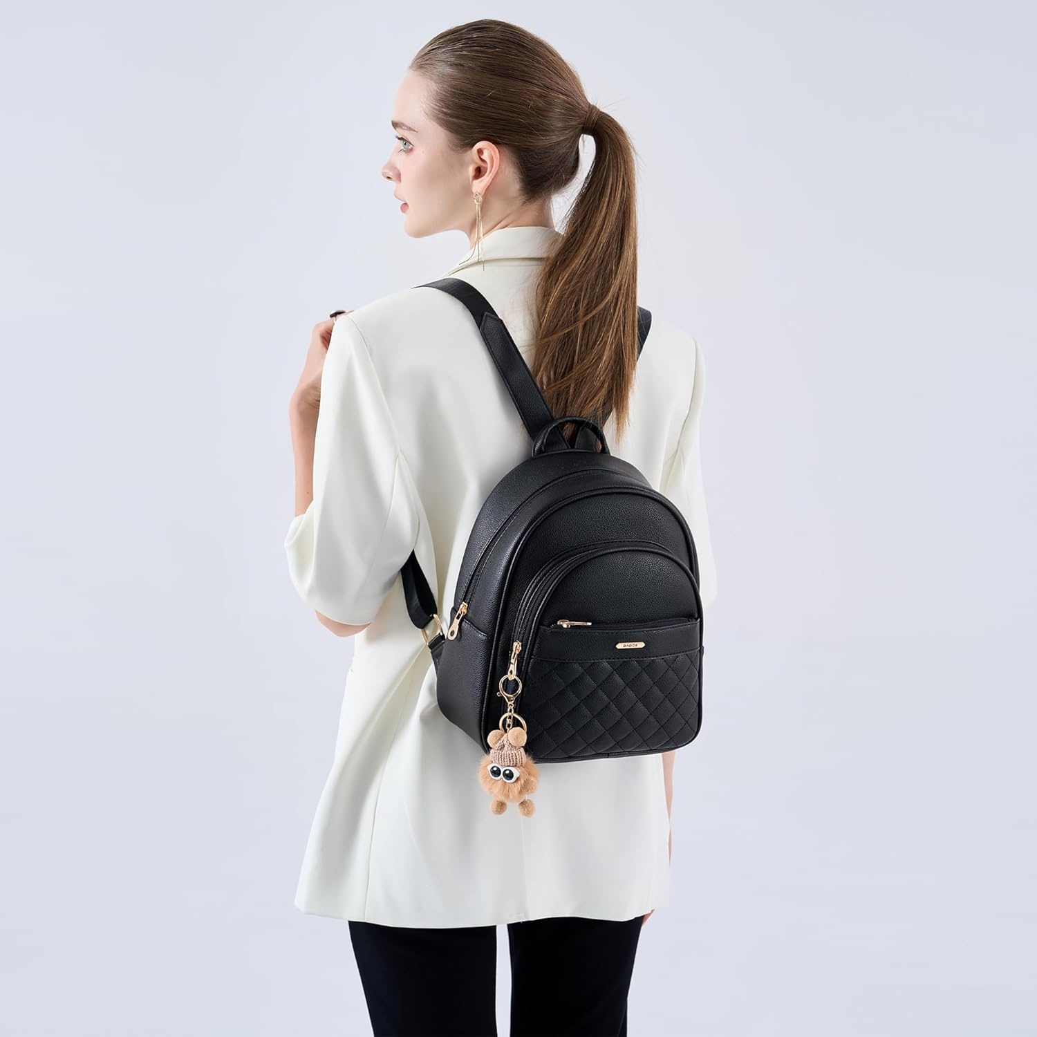 image:imageBAGOK Mini Leather Backpack Purse for Women Small Backpack Purse with Cartoon Charm Cute Fashion Bag for GirlsCbrown