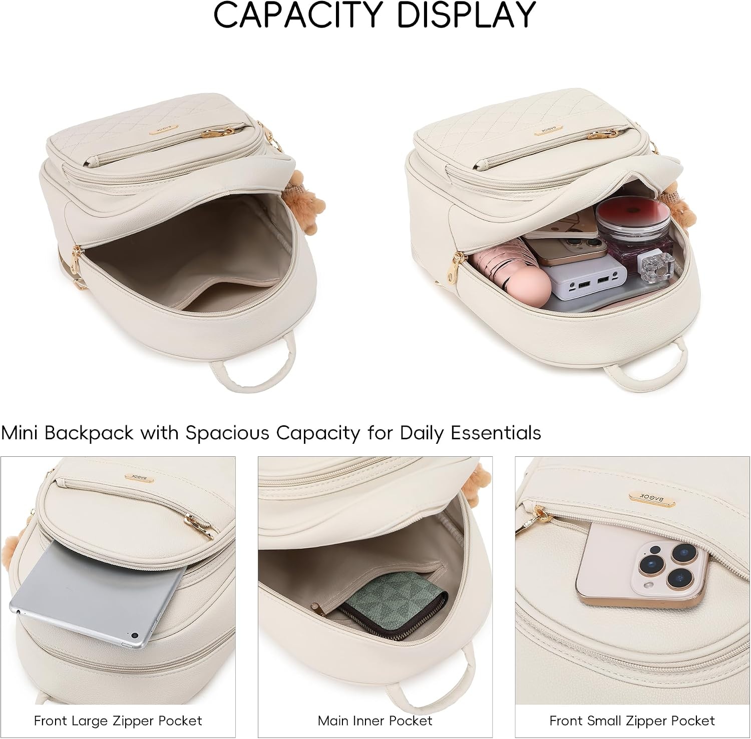 image:imageBAGOK Mini Leather Backpack Purse for Women Small Backpack Purse with Cartoon Charm Cute Fashion Bag for GirlsCoff White