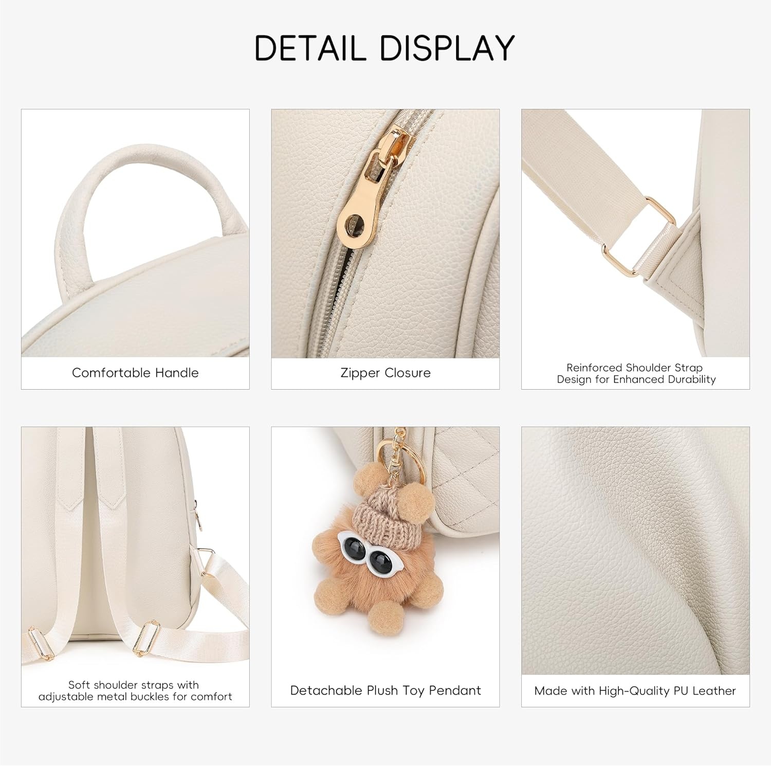 image:imageBAGOK Mini Leather Backpack Purse for Women Small Backpack Purse with Cartoon Charm Cute Fashion Bag for GirlsCoff White