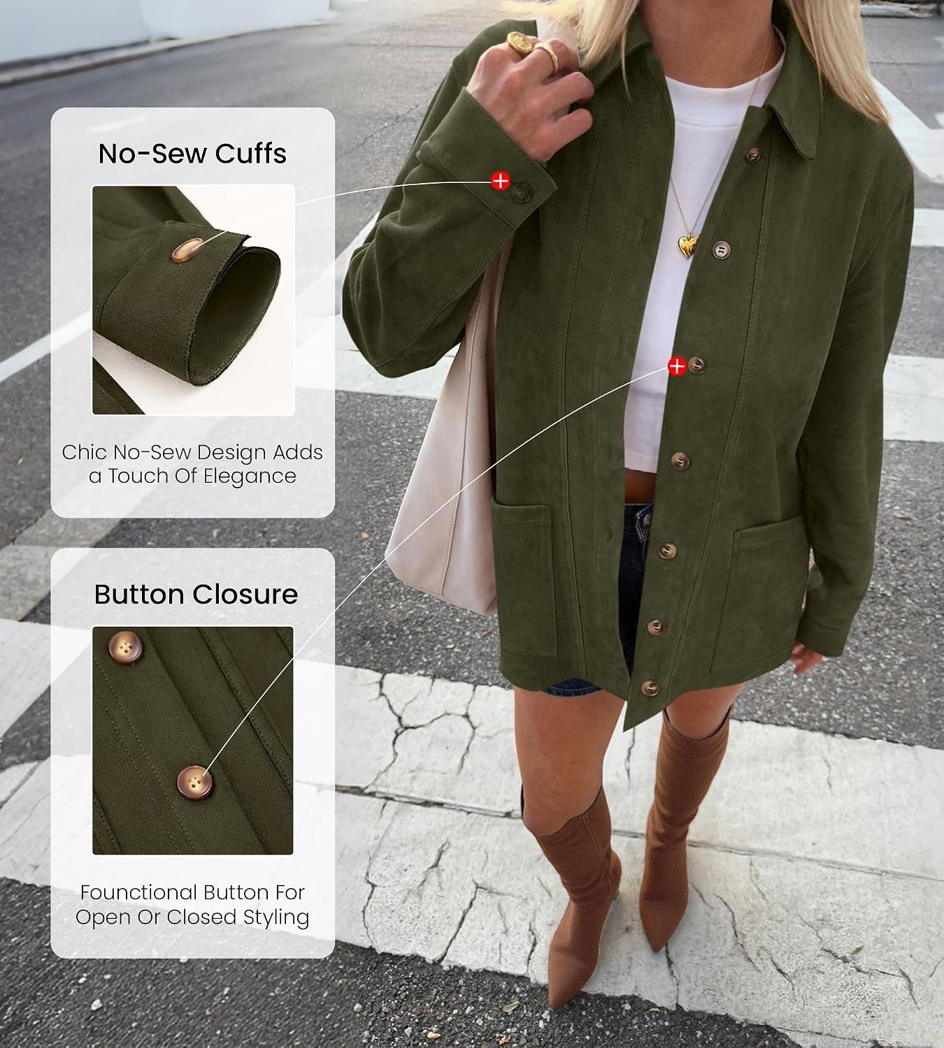 image:imageBTFBM Fall Fashion Faux Suede Jacket Women Winter ClothingArmy Green