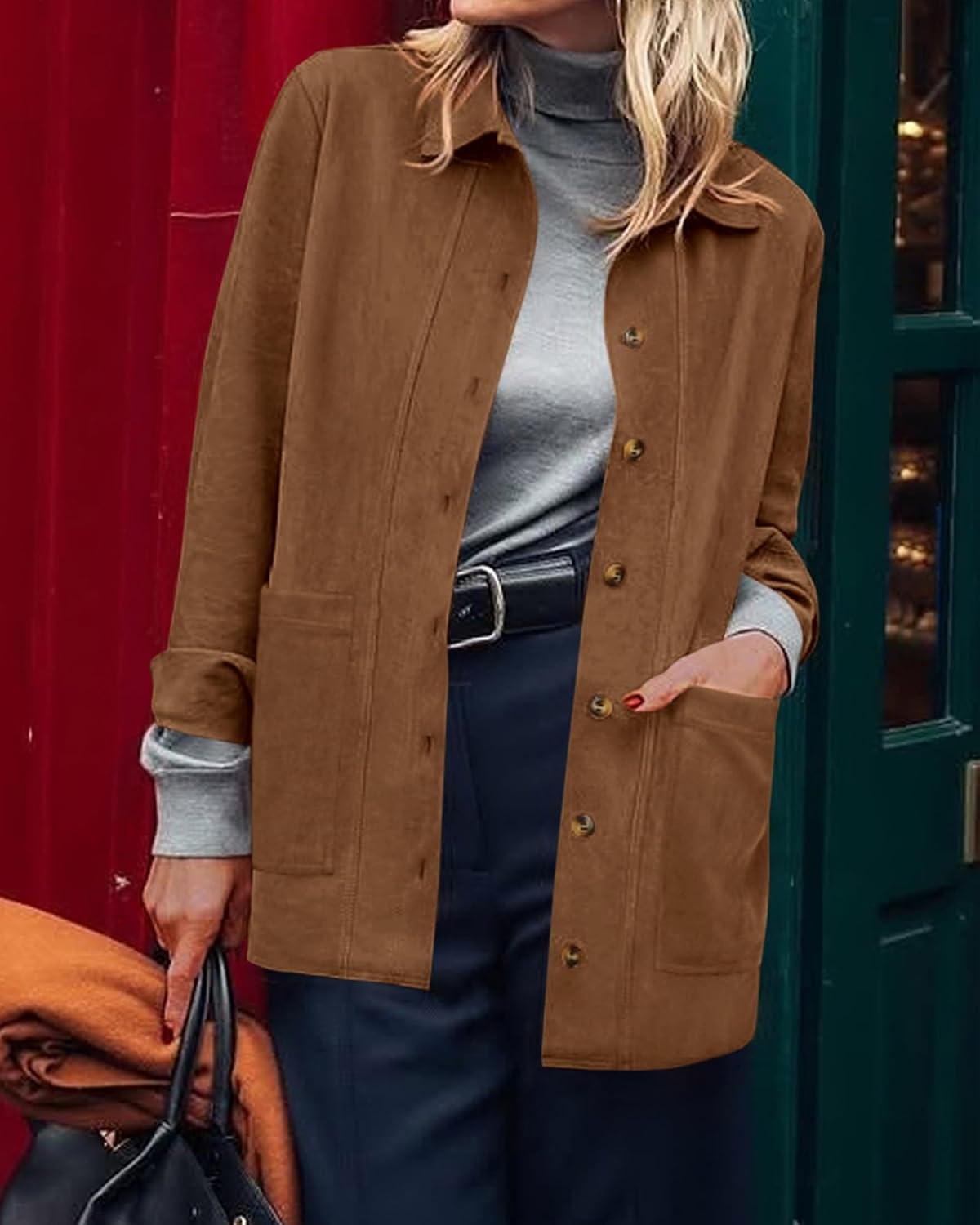 image:imageBTFBM Fall Fashion Faux Suede Jacket Women Winter ClothingCamel
