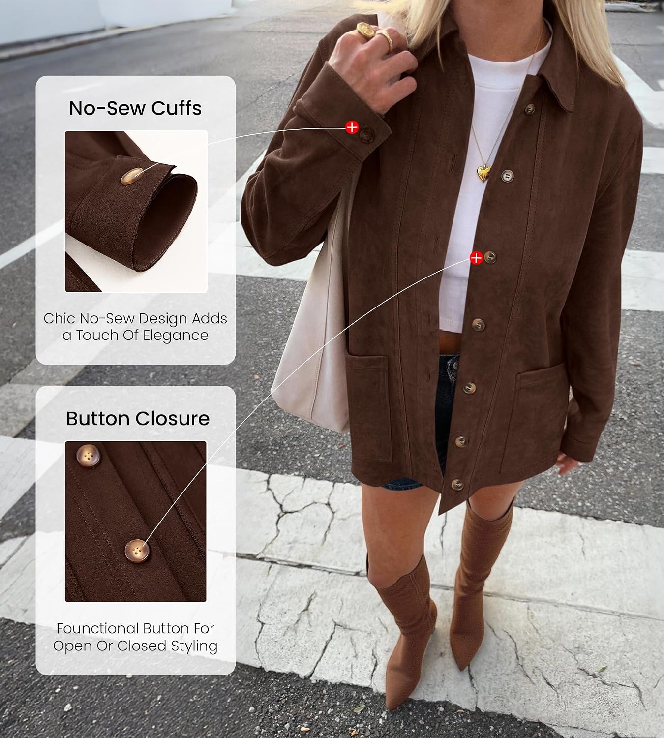 image:imageBTFBM Fall Fashion Faux Suede Jacket Women Winter ClothingCoffee