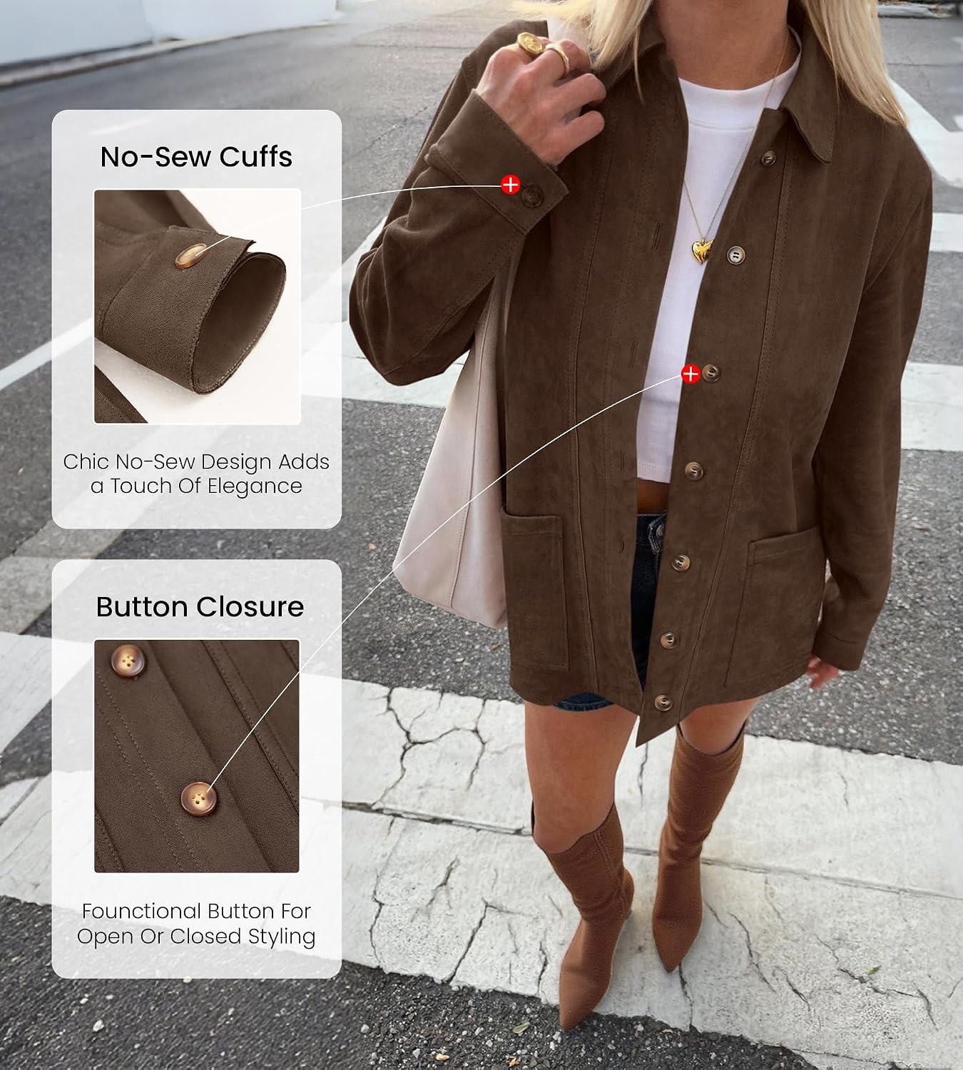 image:imageBTFBM Fall Fashion Faux Suede Jacket Women Winter ClothingDark Brown
