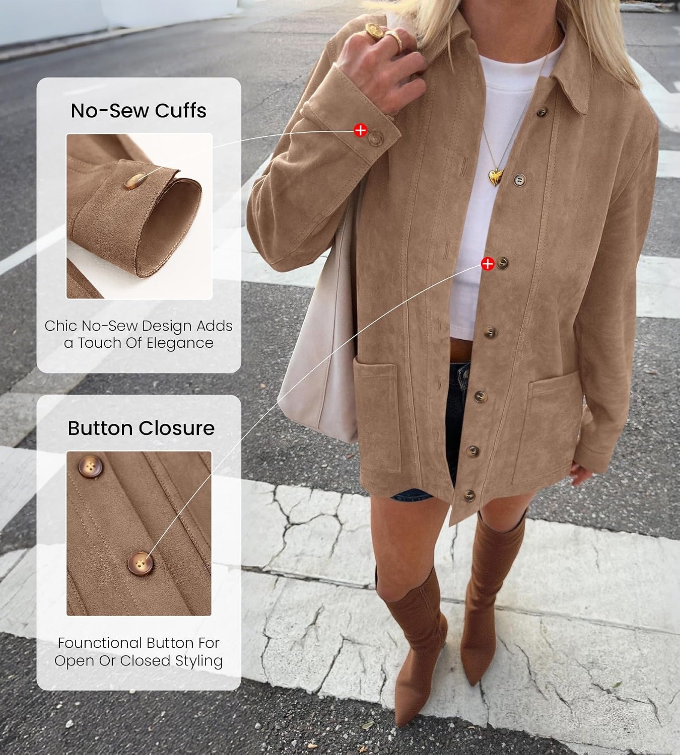 image:imageBTFBM Fall Fashion Faux Suede Jacket Women Winter ClothingLight Khaki