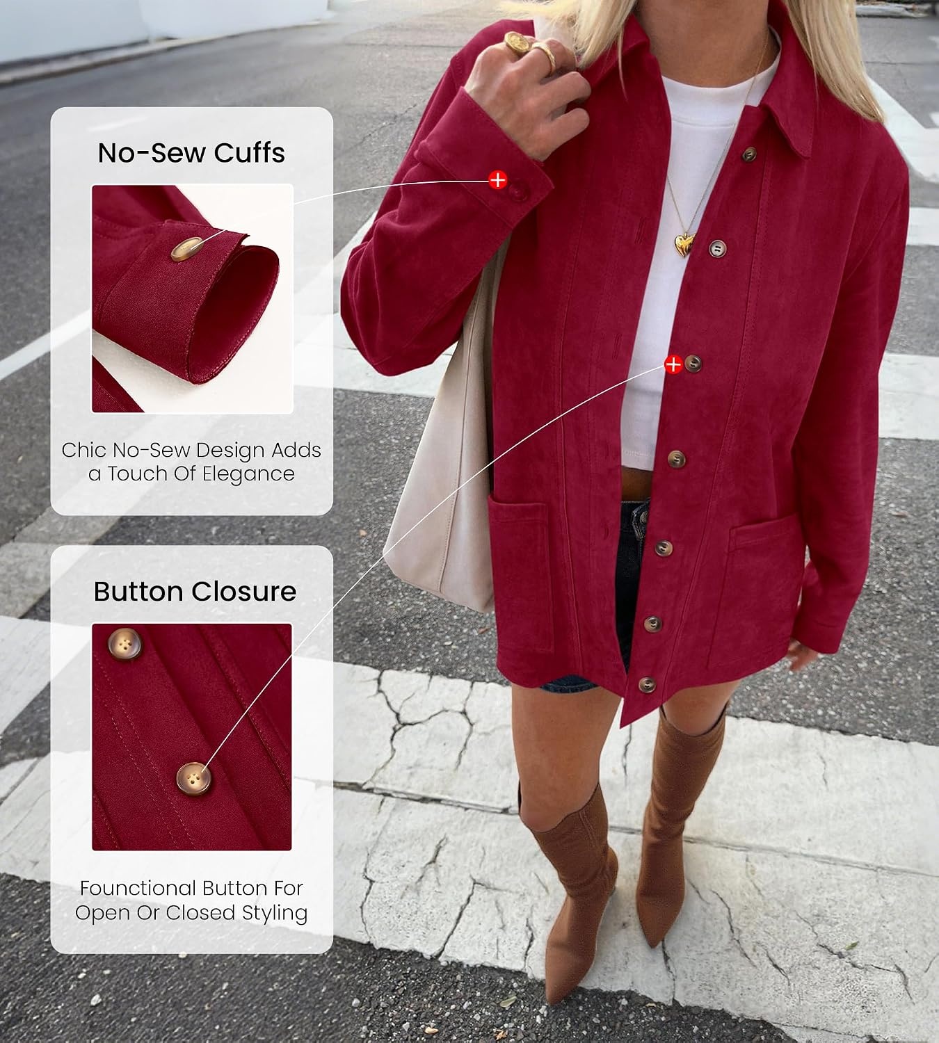 image:imageBTFBM Fall Fashion Faux Suede Jacket Women Winter ClothingRed