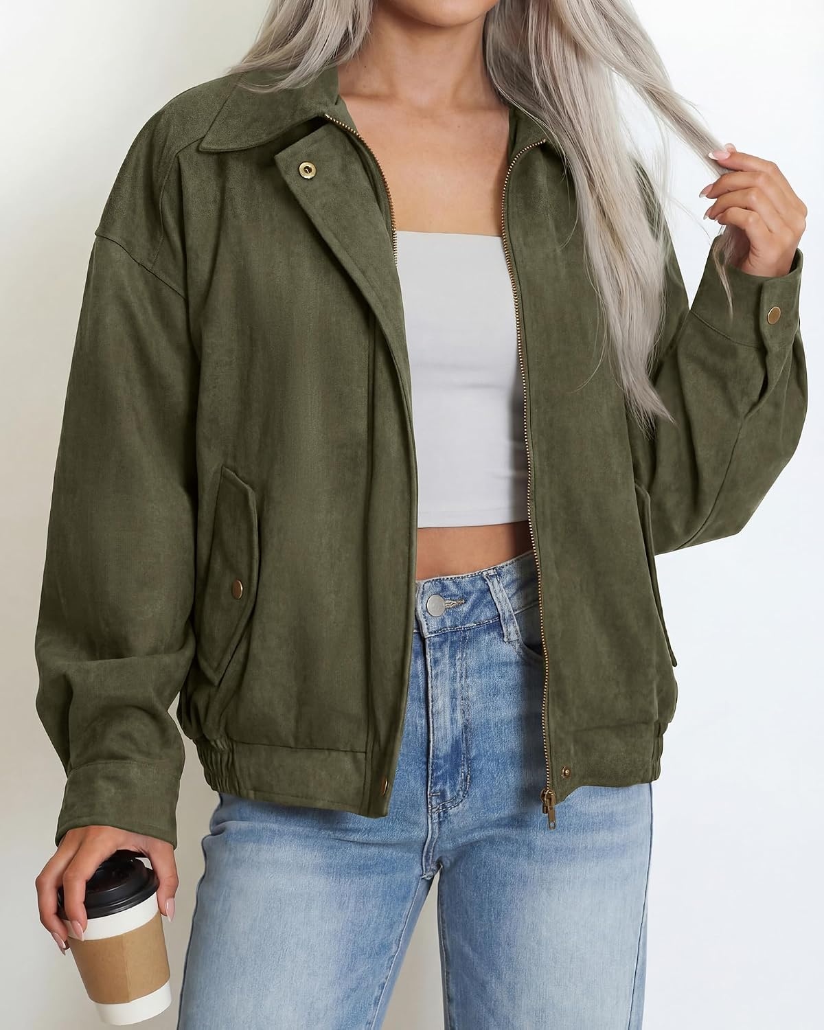 image:imageBTFBM Faux Suede Jacket Women Oversized Long Sleeve Leather Bomber CoatsArmy Green