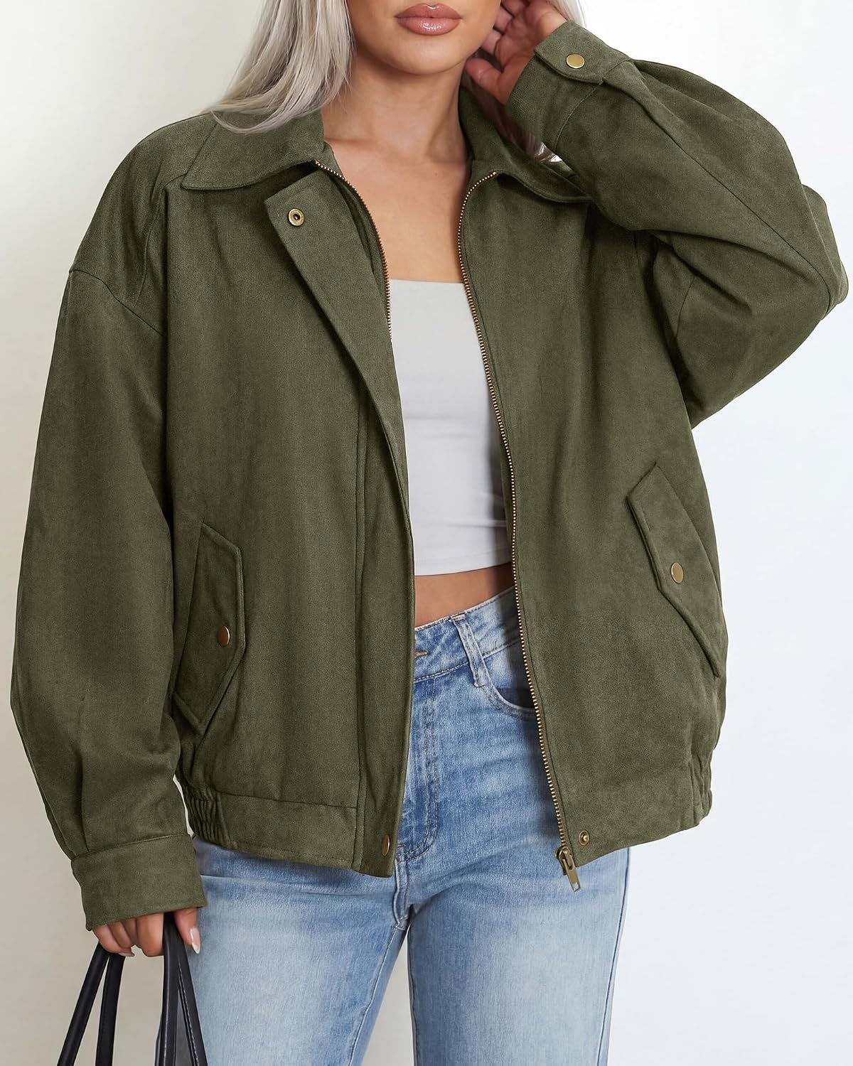 image:imageBTFBM Faux Suede Jacket Women Oversized Long Sleeve Leather Bomber CoatsArmy Green
