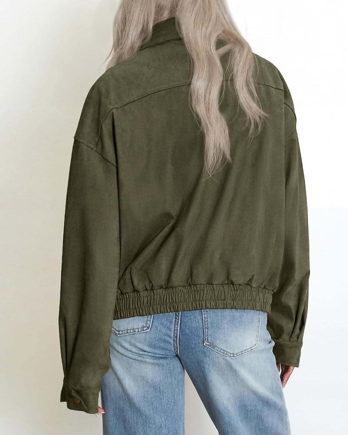 image:imageBTFBM Faux Suede Jacket Women Oversized Long Sleeve Leather Bomber CoatsArmy Green