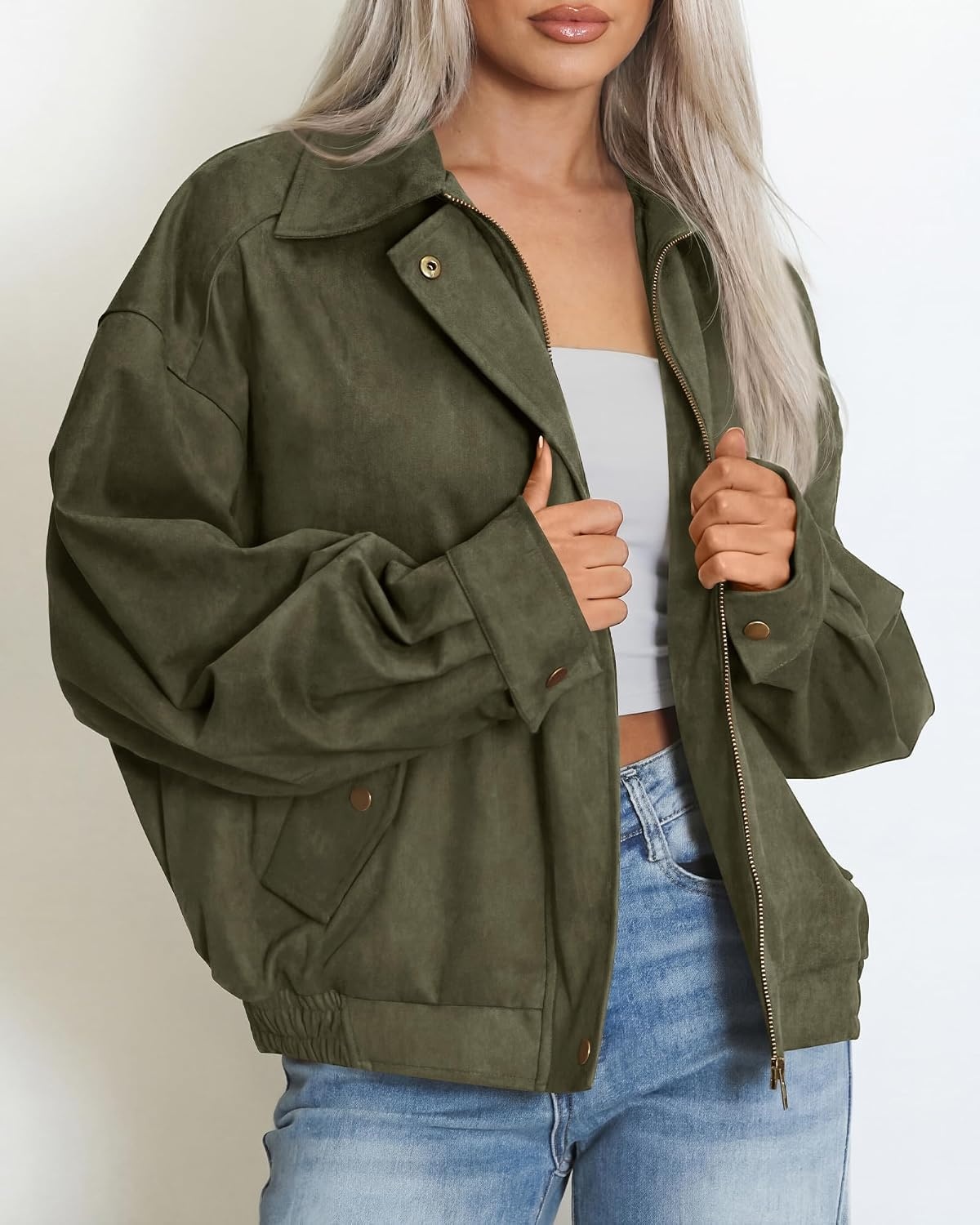 image:imageBTFBM Faux Suede Jacket Women Oversized Long Sleeve Leather Bomber CoatsArmy Green