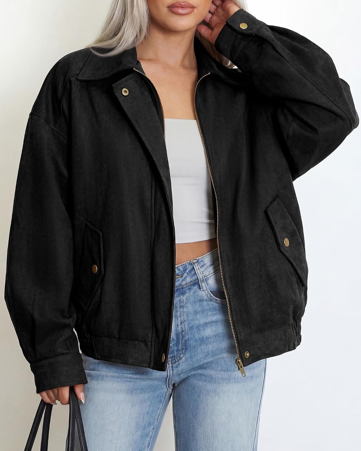 image:imageBTFBM Faux Suede Jacket Women Oversized Long Sleeve Leather Bomber CoatsBlack