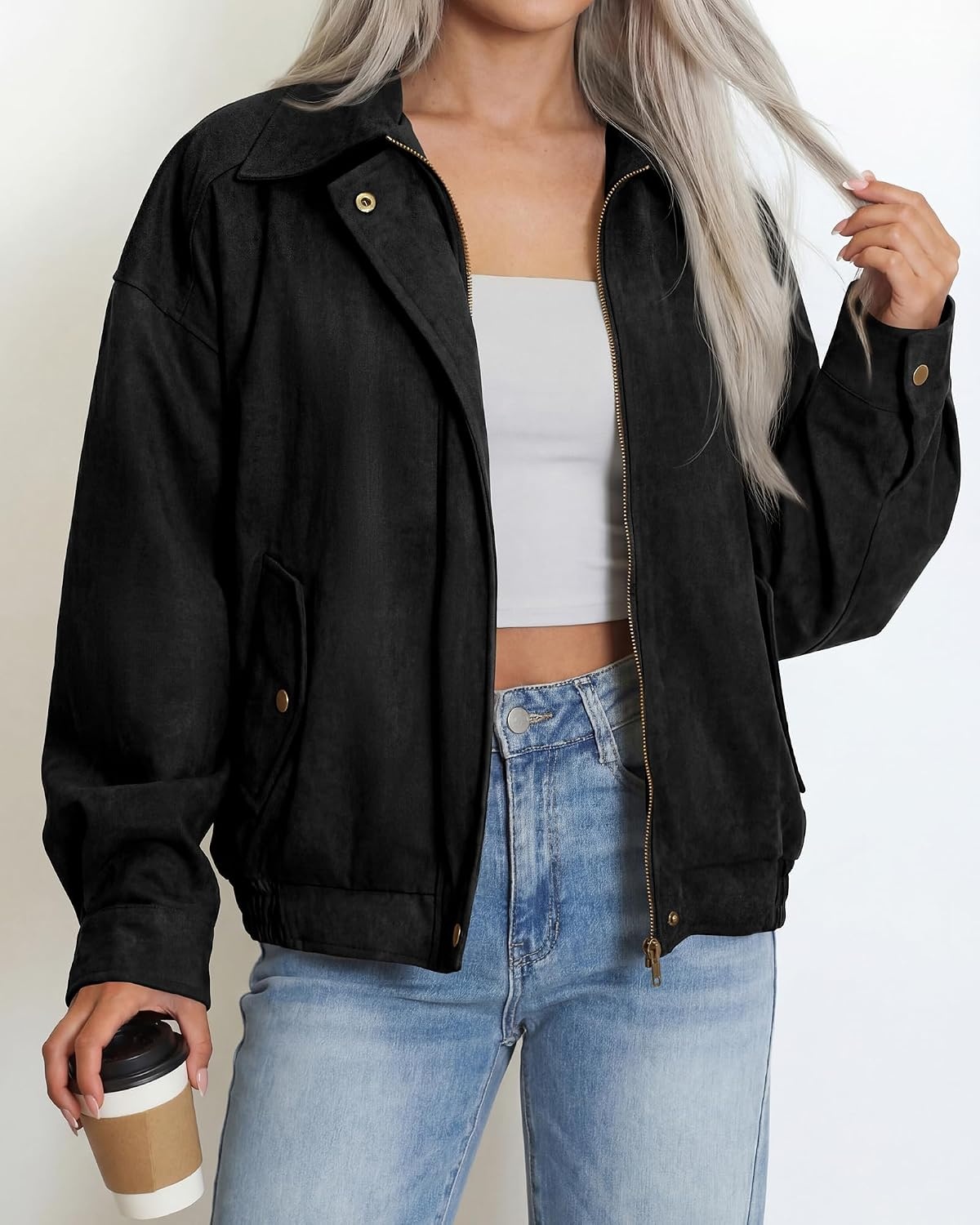 image:imageBTFBM Faux Suede Jacket Women Oversized Long Sleeve Leather Bomber CoatsBlack