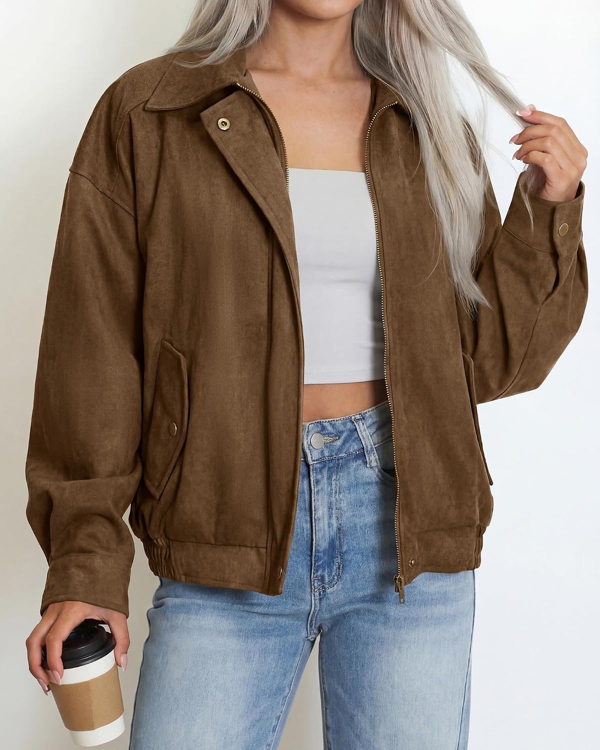 image:imageBTFBM Faux Suede Jacket Women Oversized Long Sleeve Leather Bomber CoatsBrown