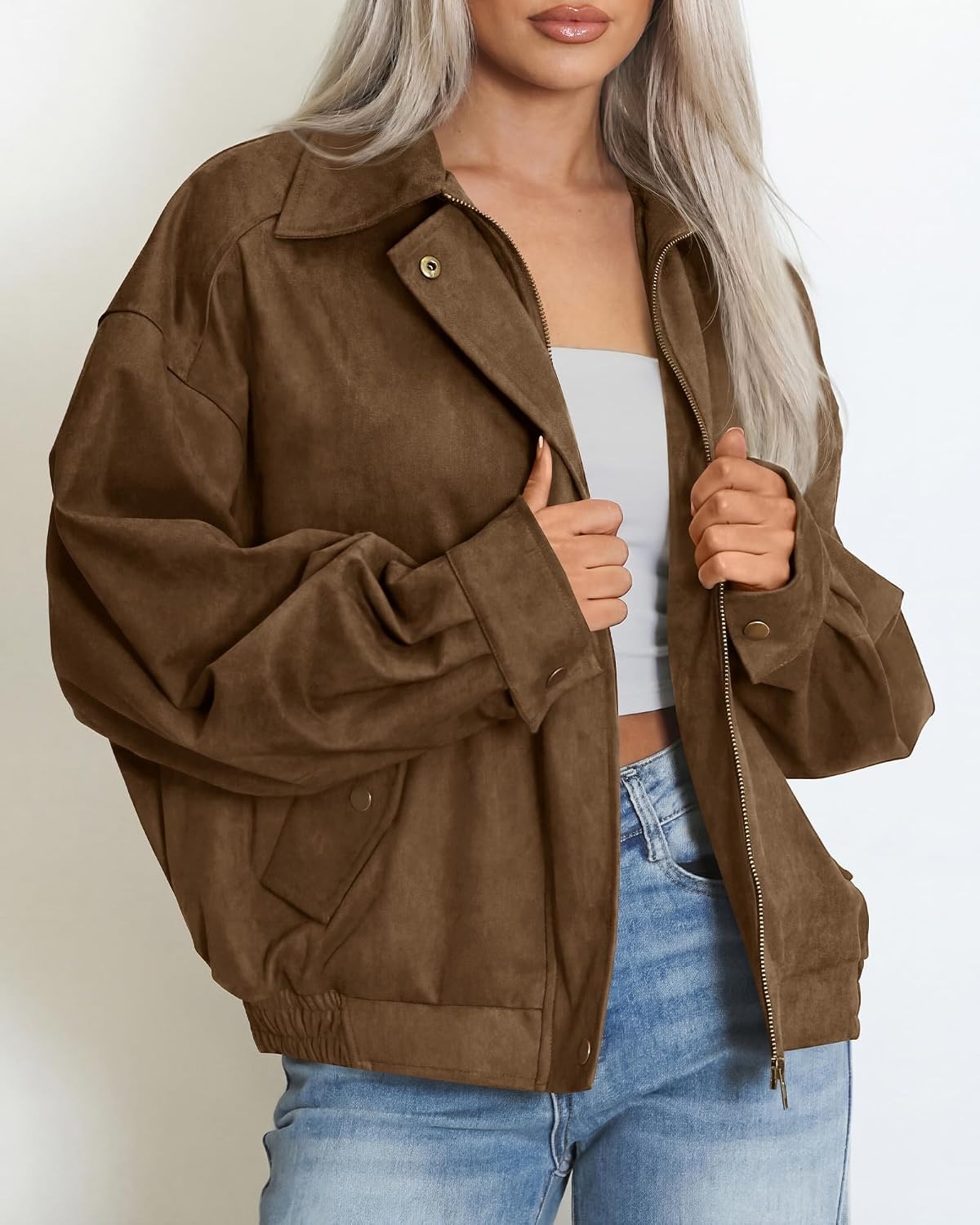 image:imageBTFBM Faux Suede Jacket Women Oversized Long Sleeve Leather Bomber CoatsBrown