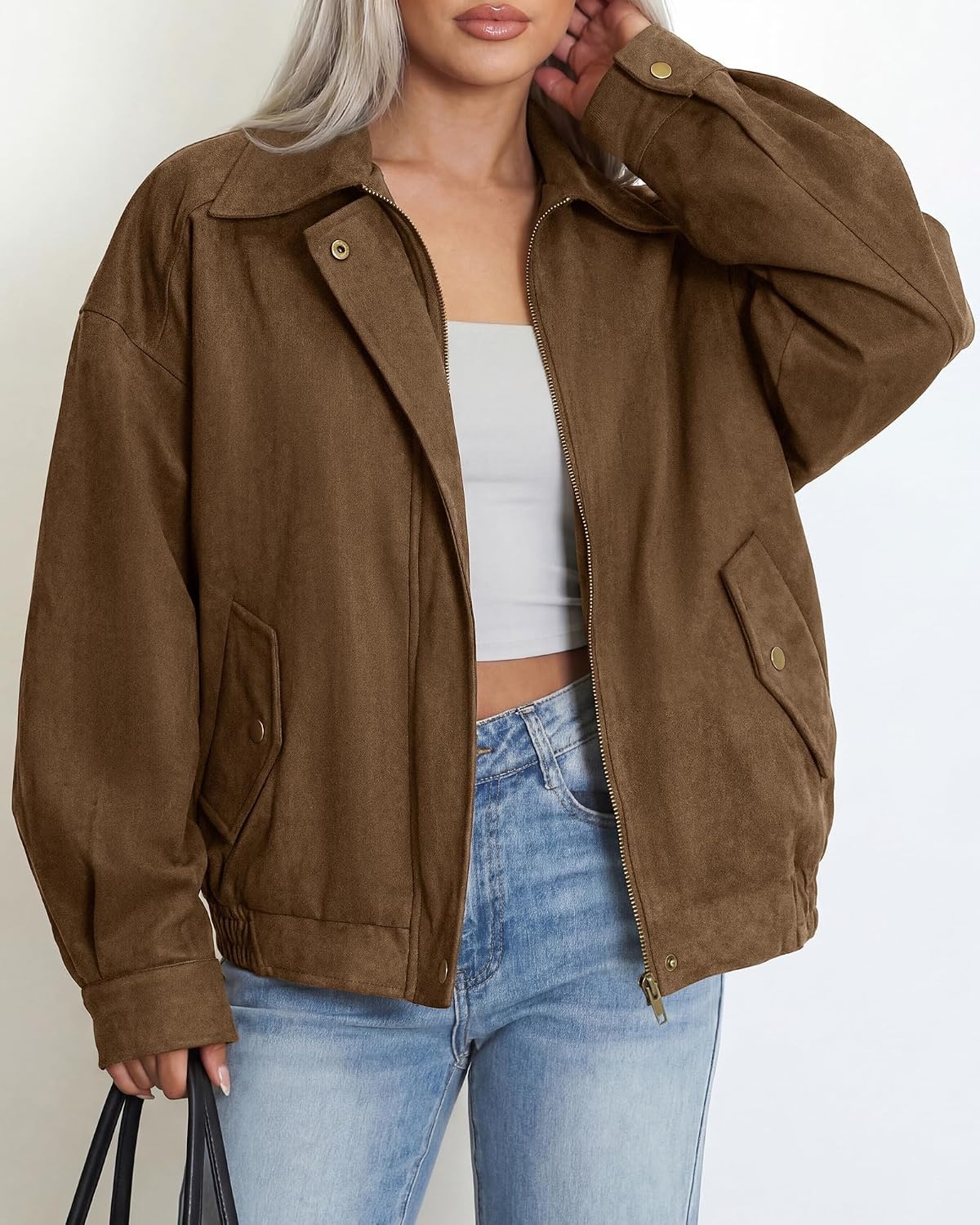 image:imageBTFBM Faux Suede Jacket Women Oversized Long Sleeve Leather Bomber CoatsBrown
