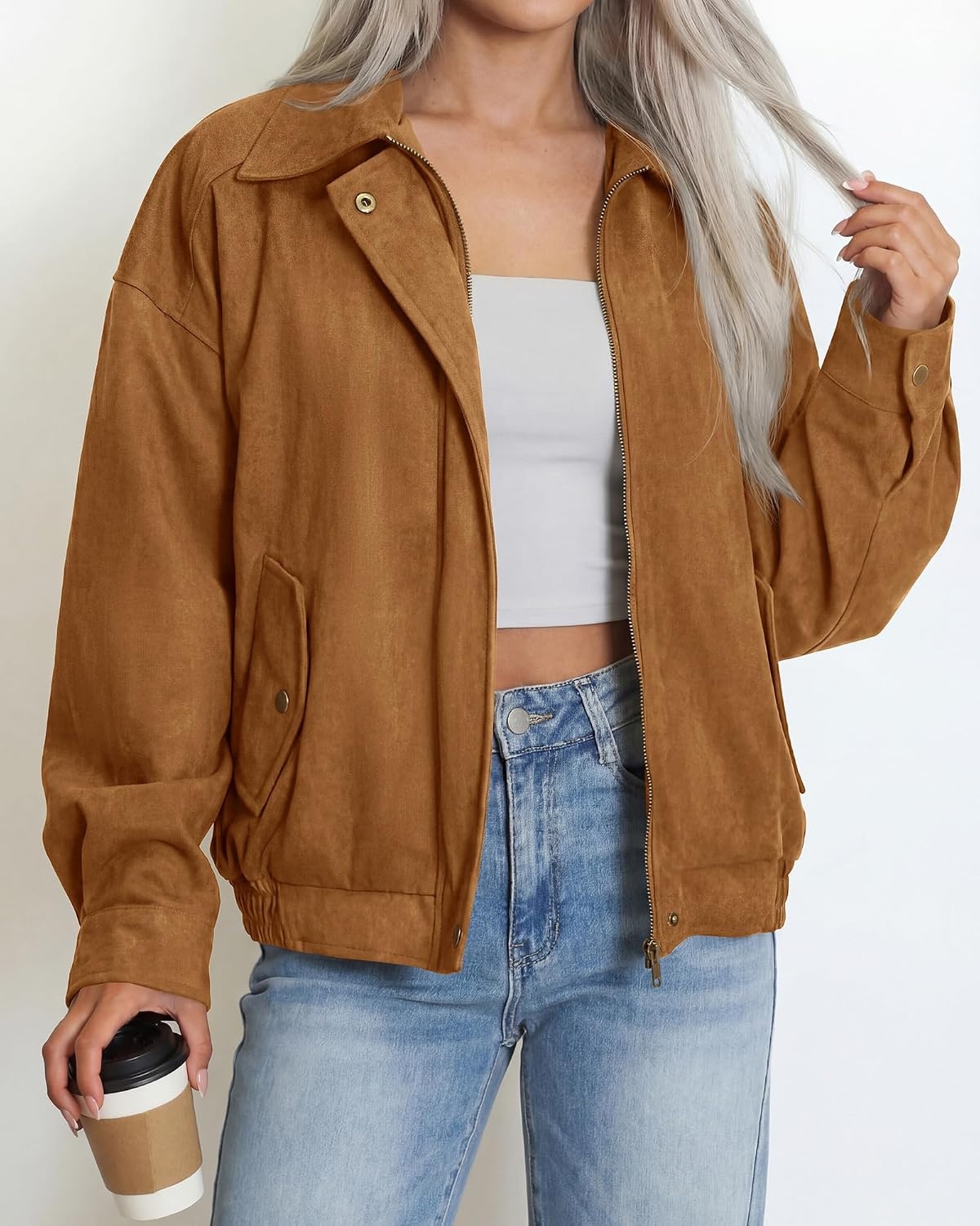 image:imageBTFBM Faux Suede Jacket Women Oversized Long Sleeve Leather Bomber CoatsCamel