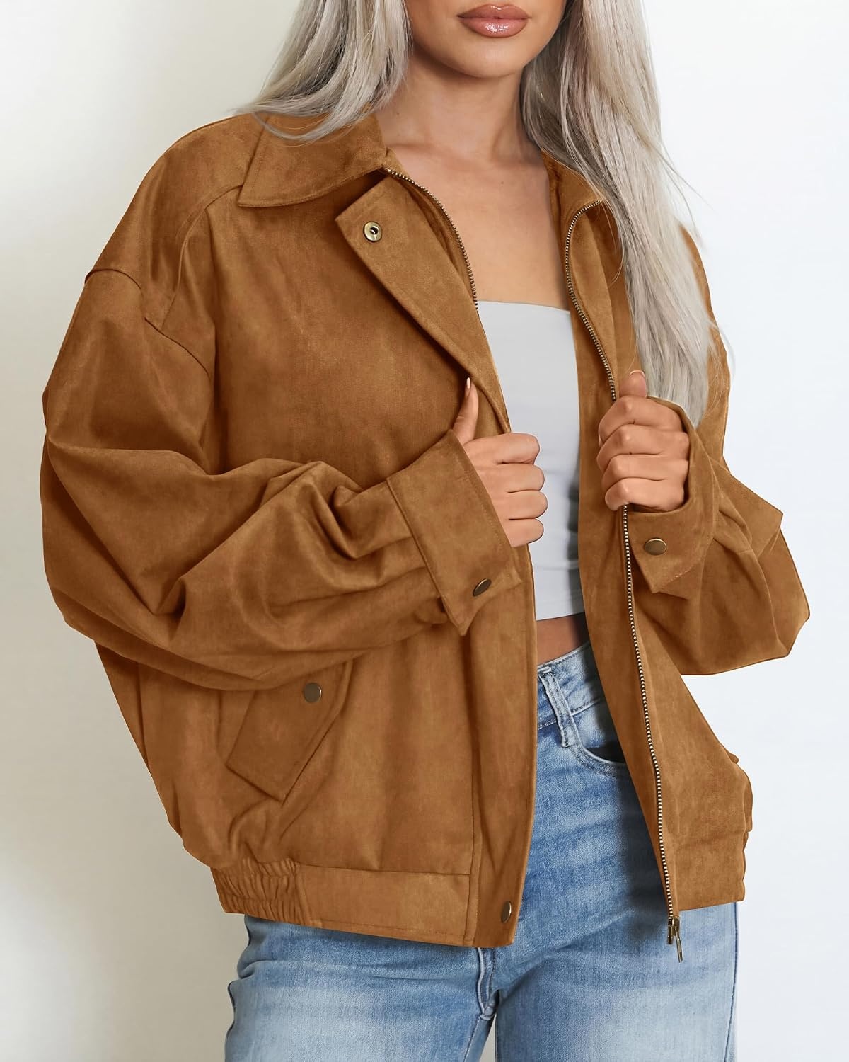 image:imageBTFBM Faux Suede Jacket Women Oversized Long Sleeve Leather Bomber CoatsCamel