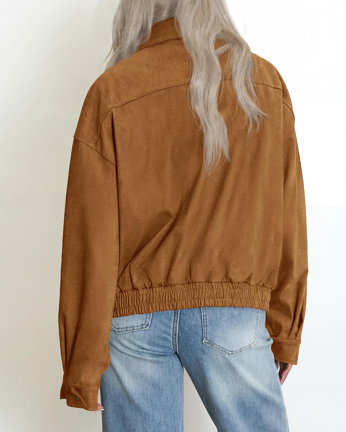 image:imageBTFBM Faux Suede Jacket Women Oversized Long Sleeve Leather Bomber CoatsCamel