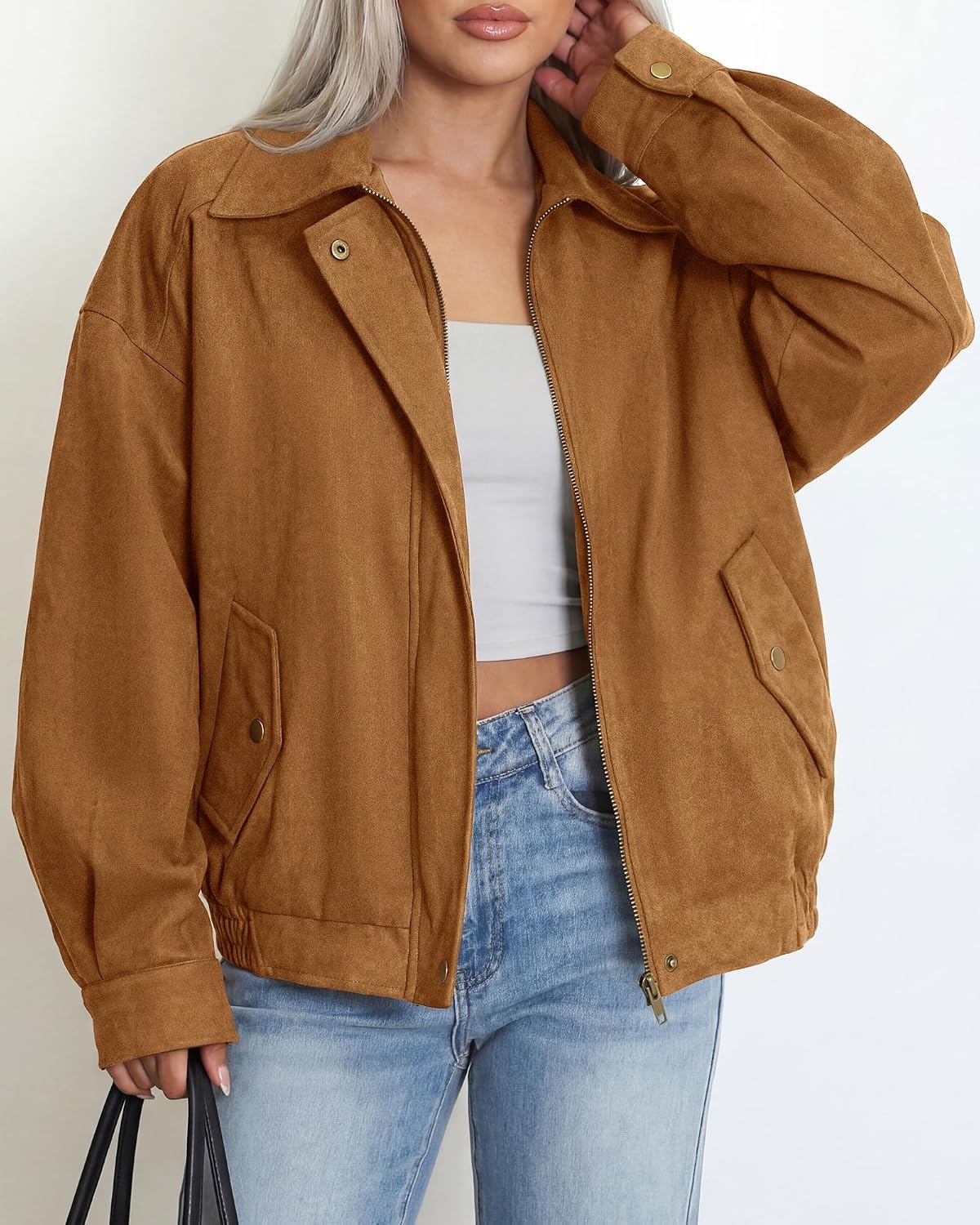 image:imageBTFBM Faux Suede Jacket Women Oversized Long Sleeve Leather Bomber CoatsCamel