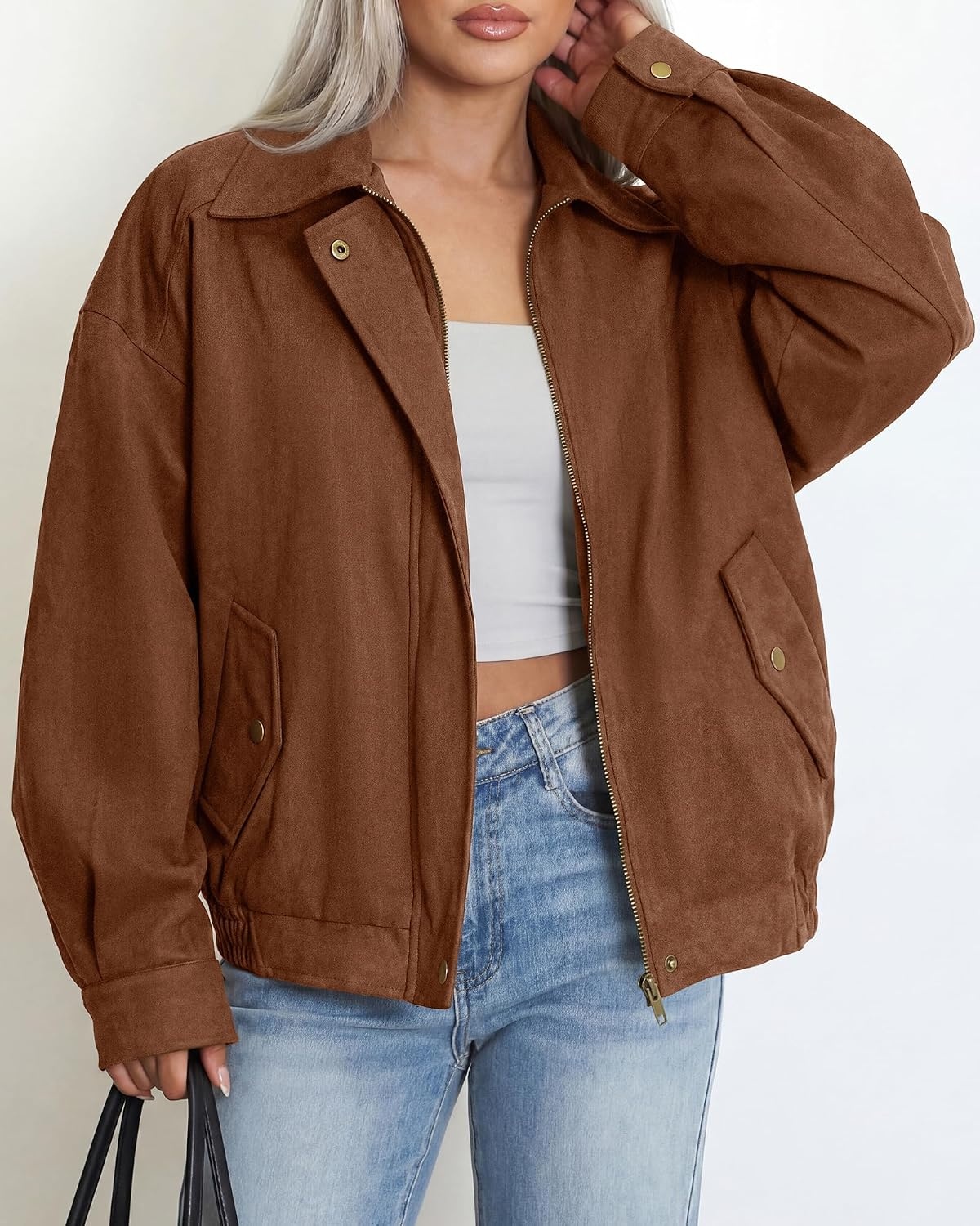 image:imageBTFBM Faux Suede Jacket Women Oversized Long Sleeve Leather Bomber CoatsCoffee