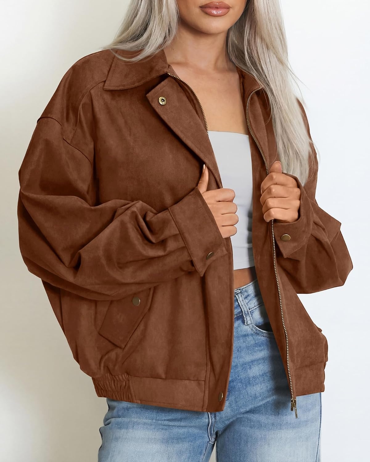 image:imageBTFBM Faux Suede Jacket Women Oversized Long Sleeve Leather Bomber CoatsCoffee