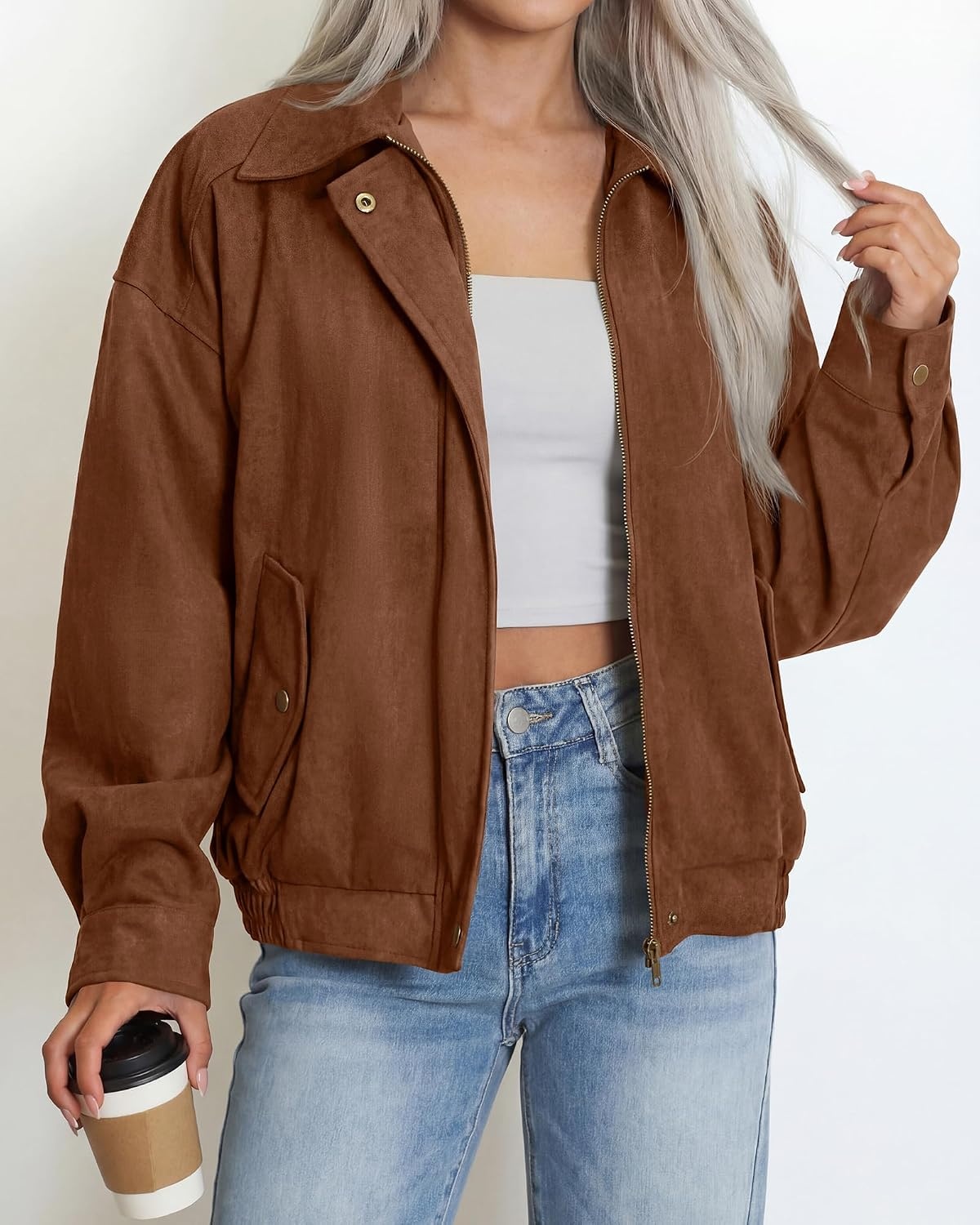 image:imageBTFBM Faux Suede Jacket Women Oversized Long Sleeve Leather Bomber CoatsCoffee