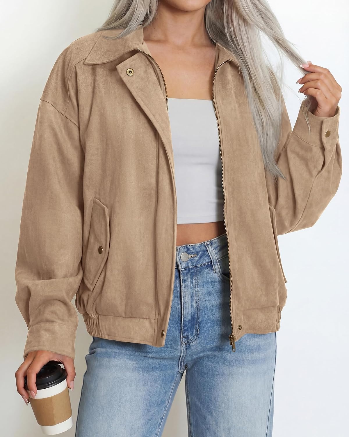 image:imageBTFBM Faux Suede Jacket Women Oversized Long Sleeve Leather Bomber CoatsLight Khaki
