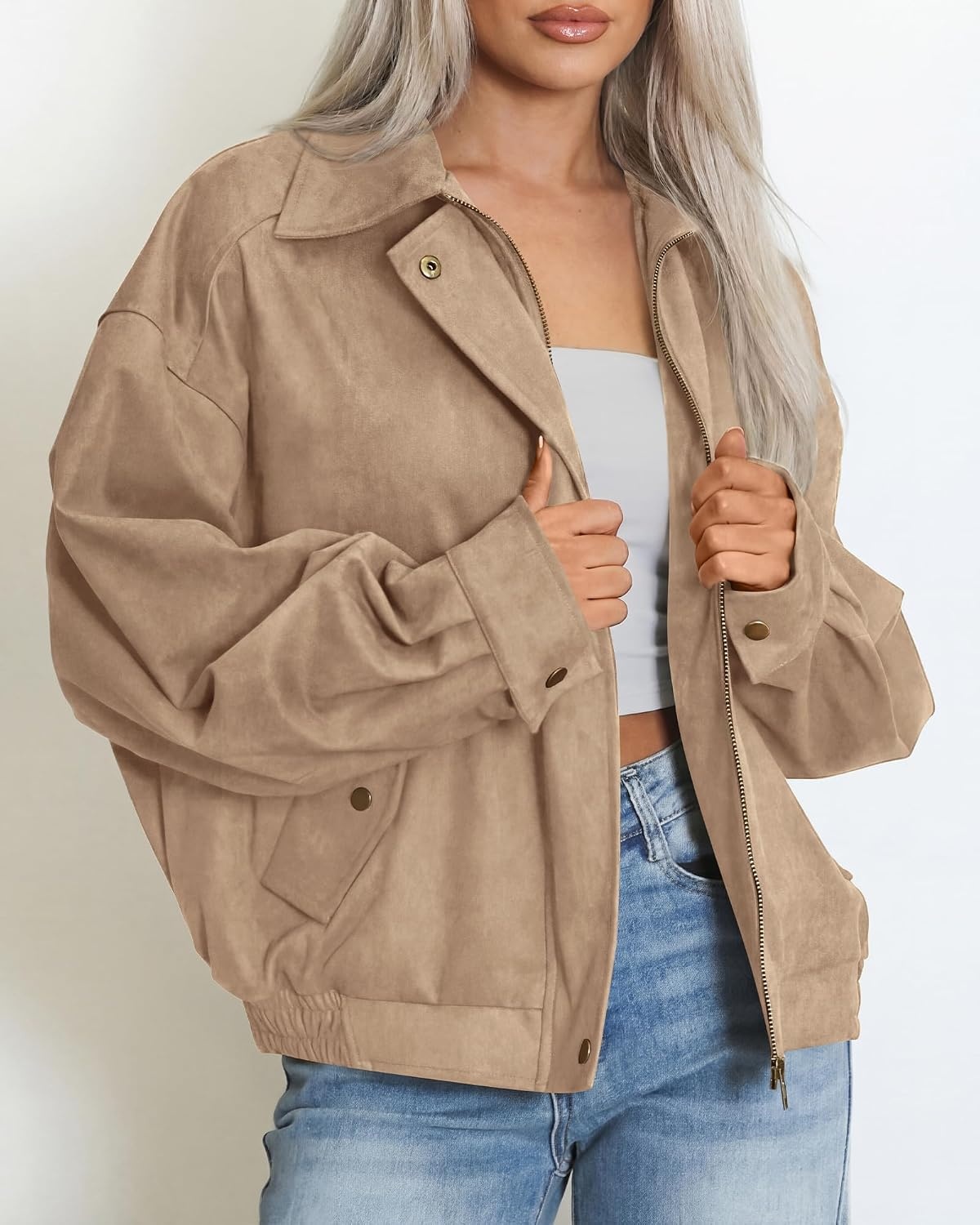 image:imageBTFBM Faux Suede Jacket Women Oversized Long Sleeve Leather Bomber CoatsLight Khaki