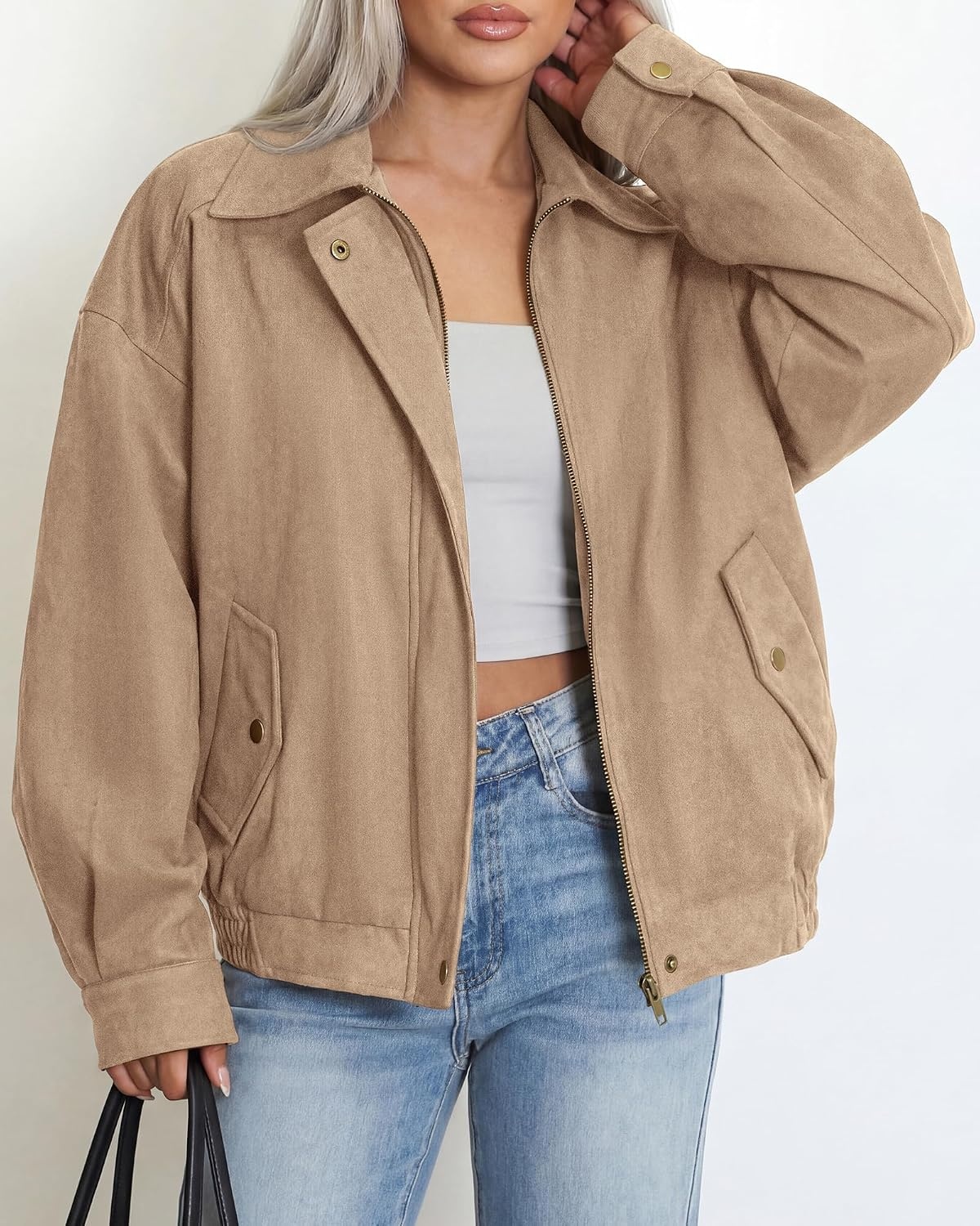 image:imageBTFBM Faux Suede Jacket Women Oversized Long Sleeve Leather Bomber CoatsLight Khaki