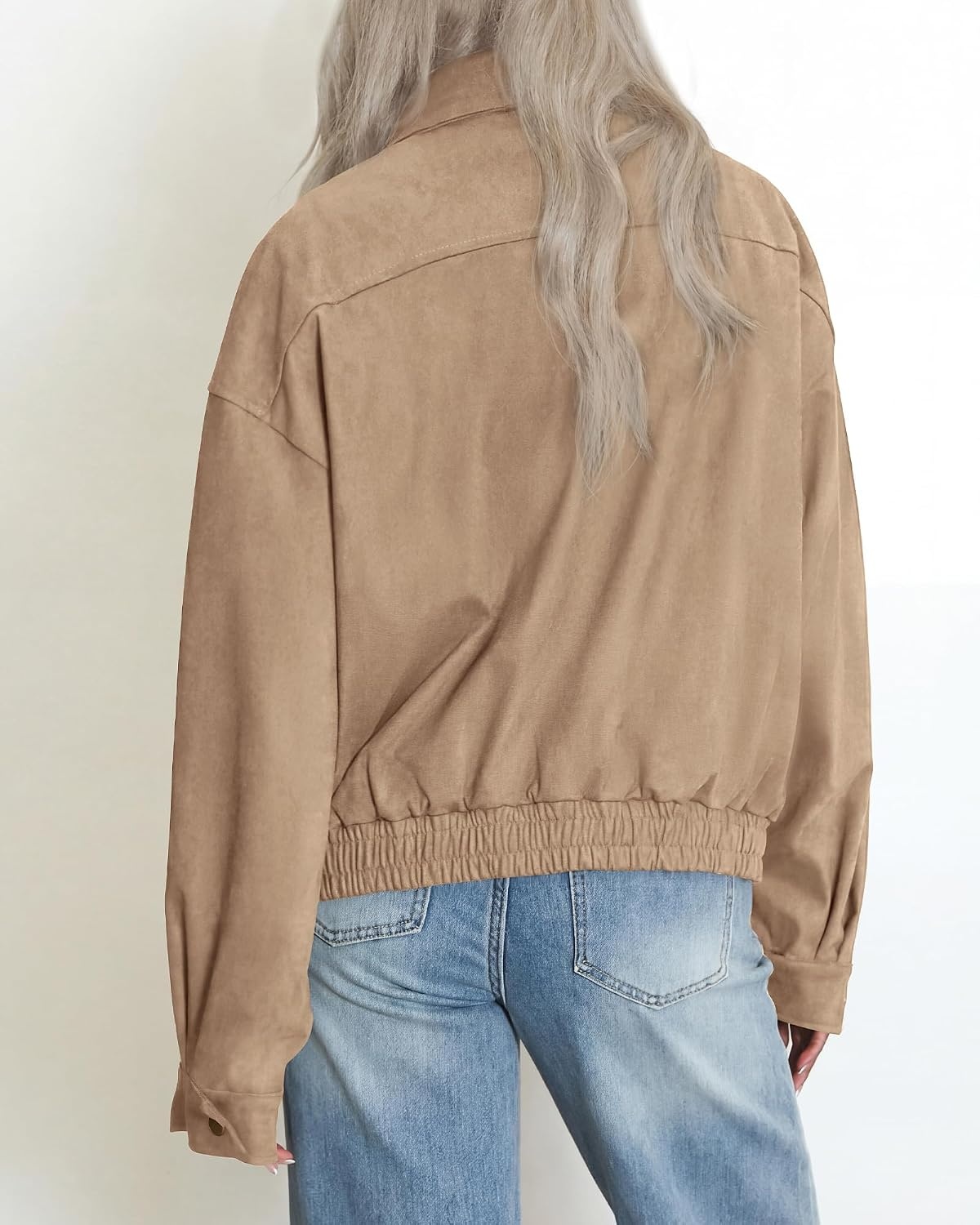 image:imageBTFBM Faux Suede Jacket Women Oversized Long Sleeve Leather Bomber CoatsLight Khaki