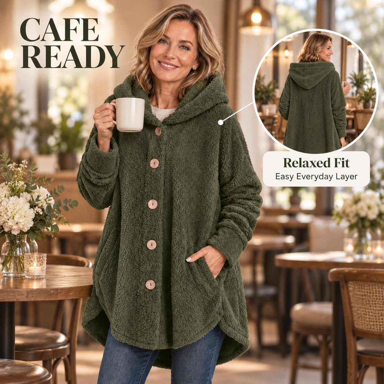 image:imageBeessbest Women Fleece Jacket Button Down Sherpa Hooded CoatArmy Green