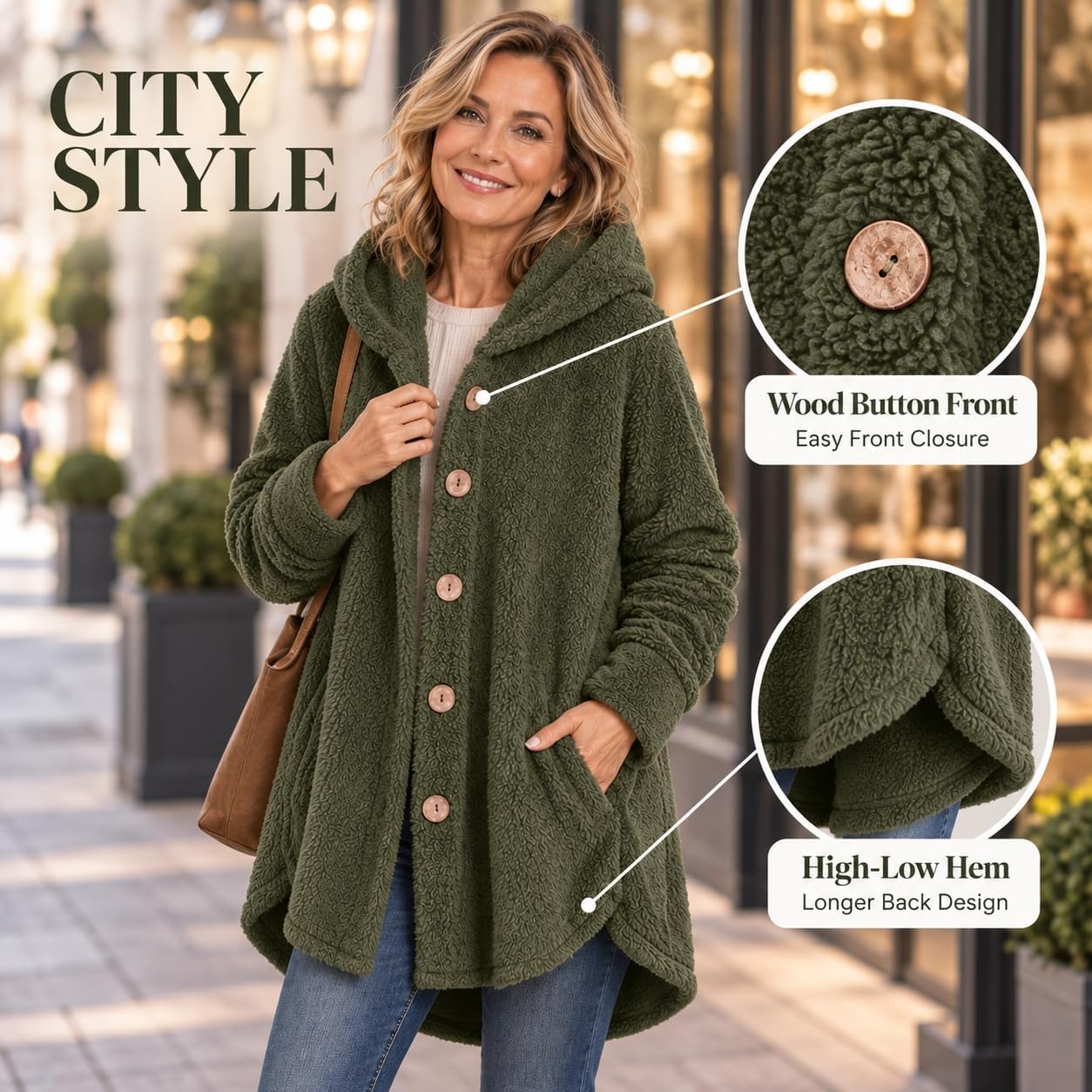 image:imageBeessbest Women Fleece Jacket Button Down Sherpa Hooded CoatArmy Green