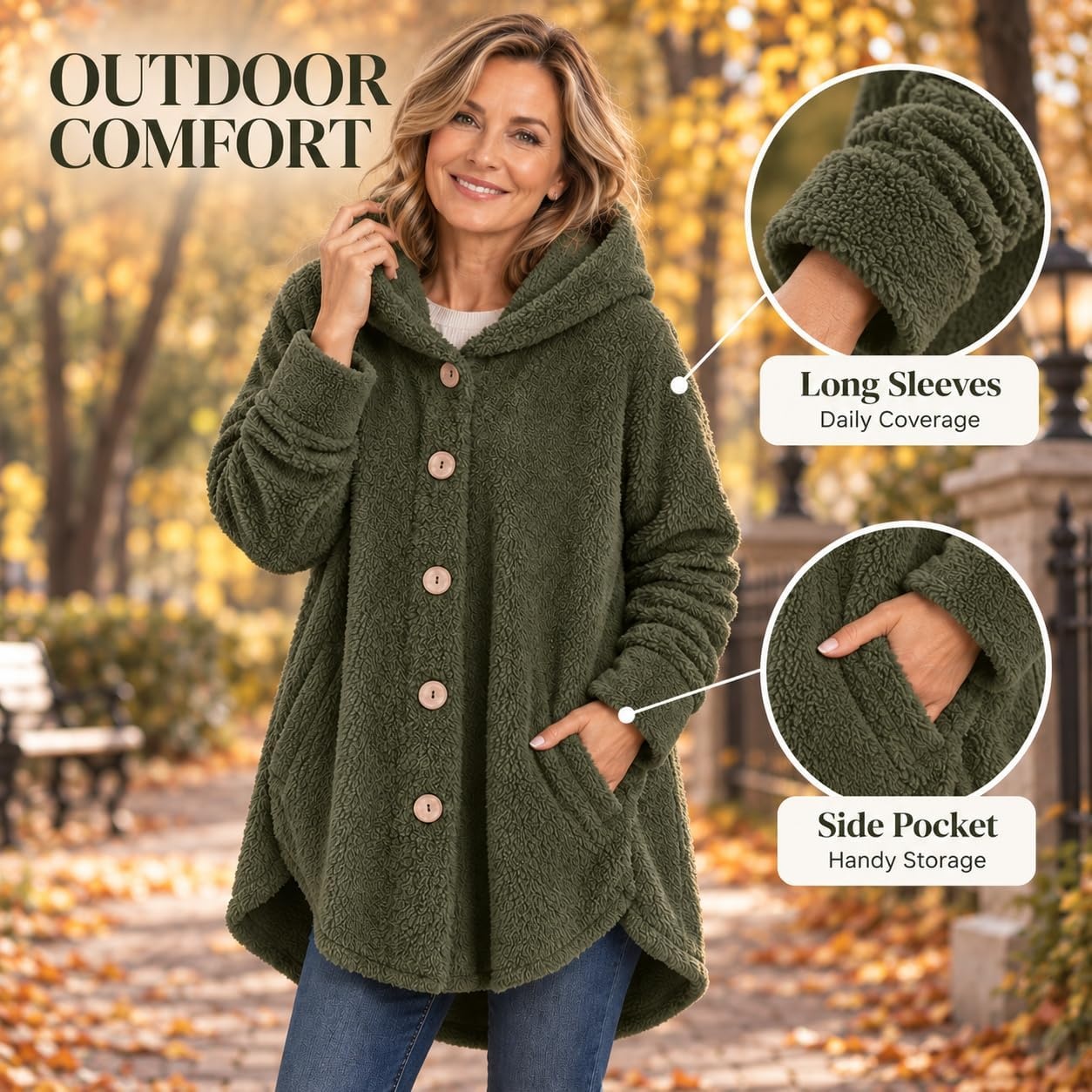image:imageBeessbest Women Fleece Jacket Button Down Sherpa Hooded CoatArmy Green