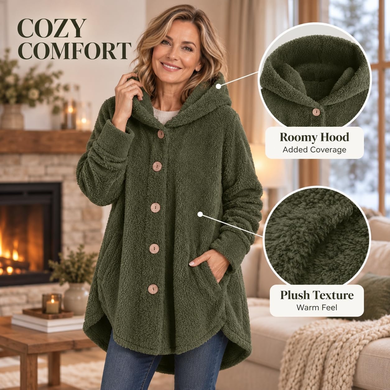 image:imageBeessbest Women Fleece Jacket Button Down Sherpa Hooded CoatArmy Green