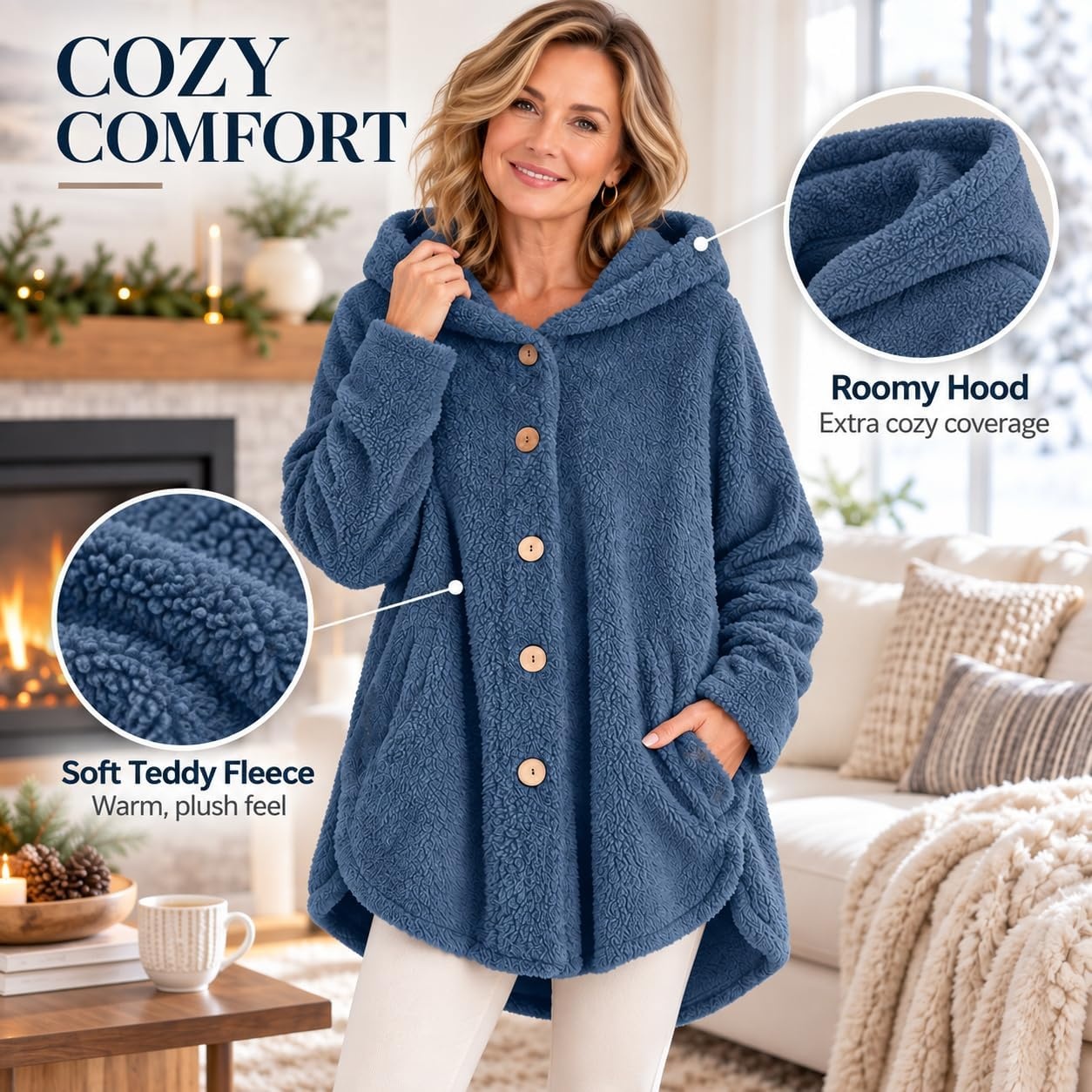 image:imageBeessbest Women Fleece Jacket Button Down Sherpa Hooded CoatBlue