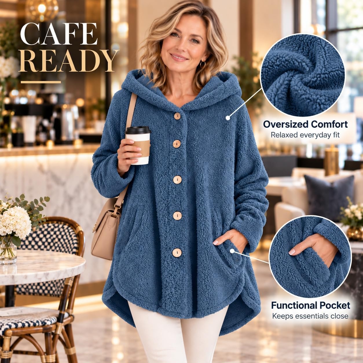 image:imageBeessbest Women Fleece Jacket Button Down Sherpa Hooded CoatBlue